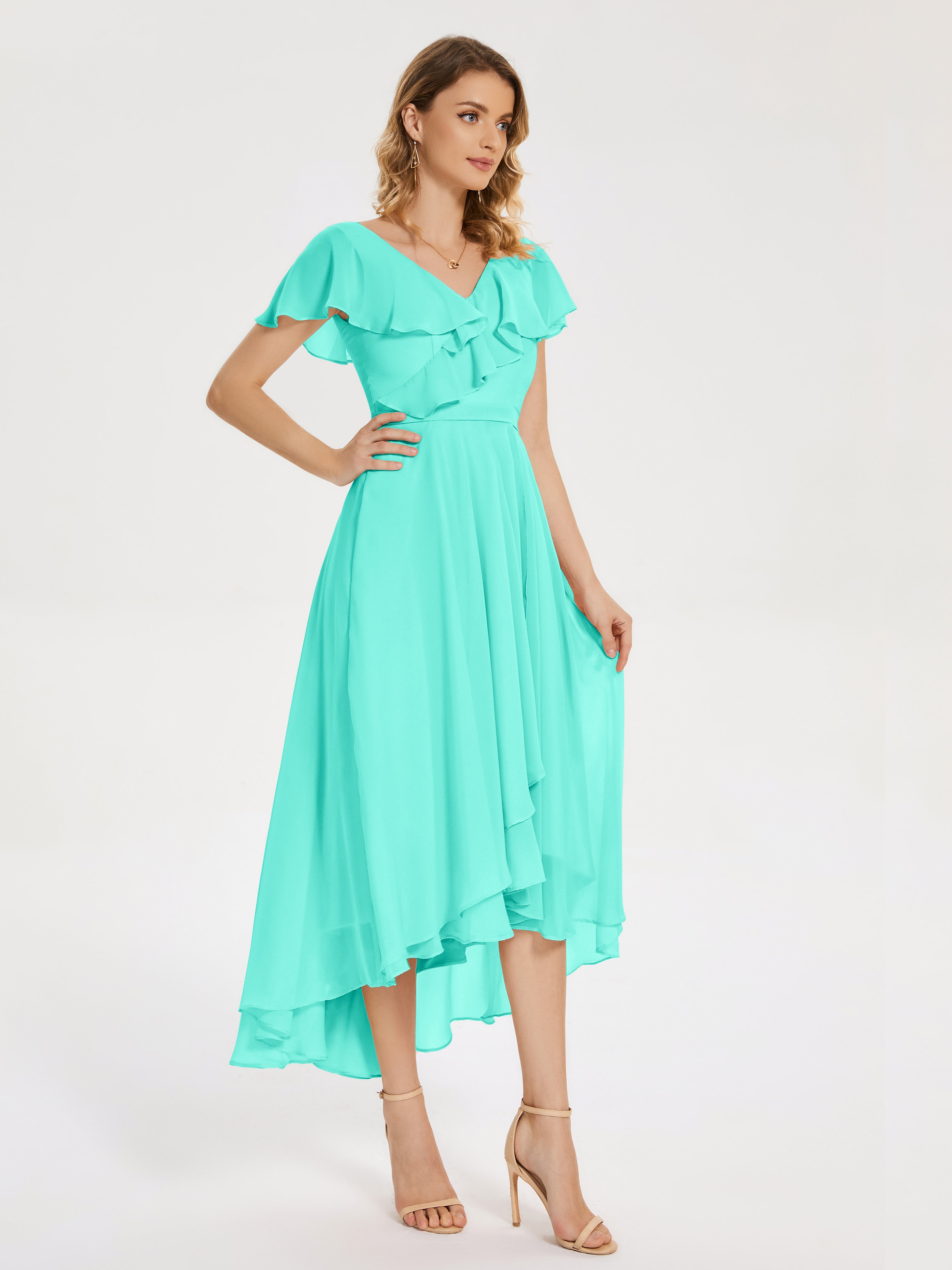 Robes De Demoiselle D'Honneur Spa Col V Asymétrique Robes Demoiselle D'Honneur À Volants