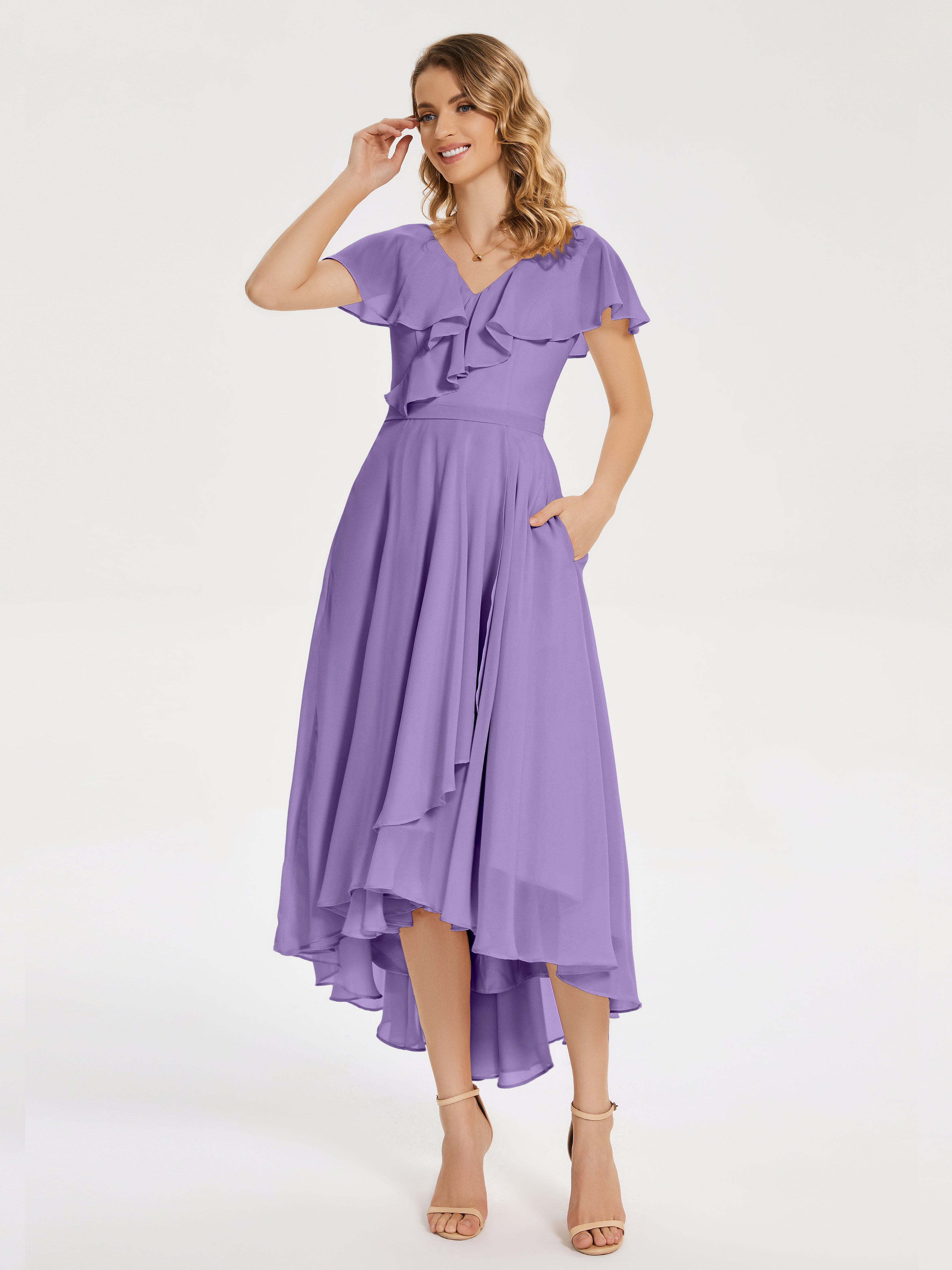 Robes De Demoiselle D'Honneur Tahiti Col V Asymétrique Robes Demoiselle D'Honneur À Volants