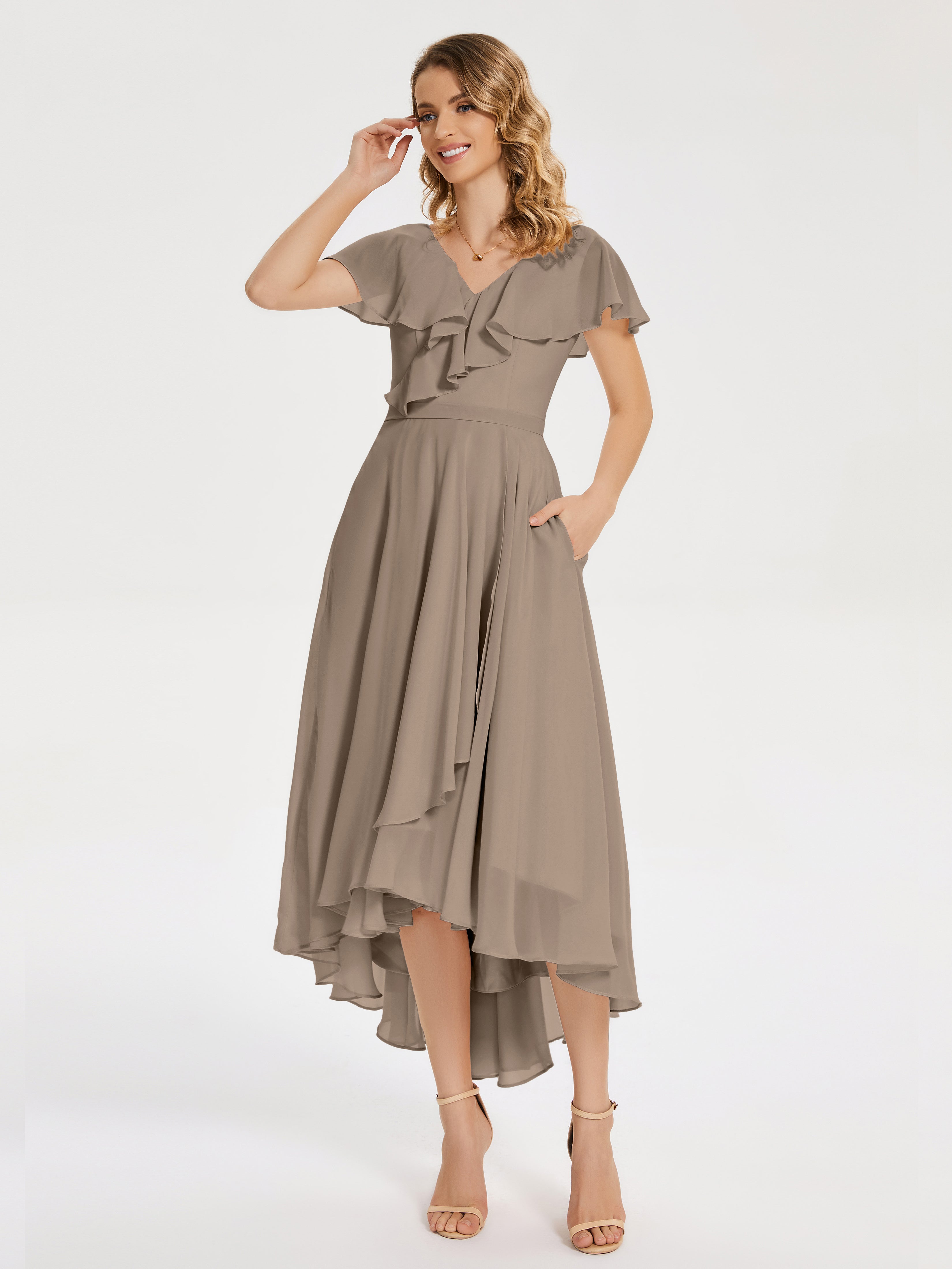Robe Ceremonie Taupe Col V Asymétrique Robes Demoiselle D'Honneur À Volants