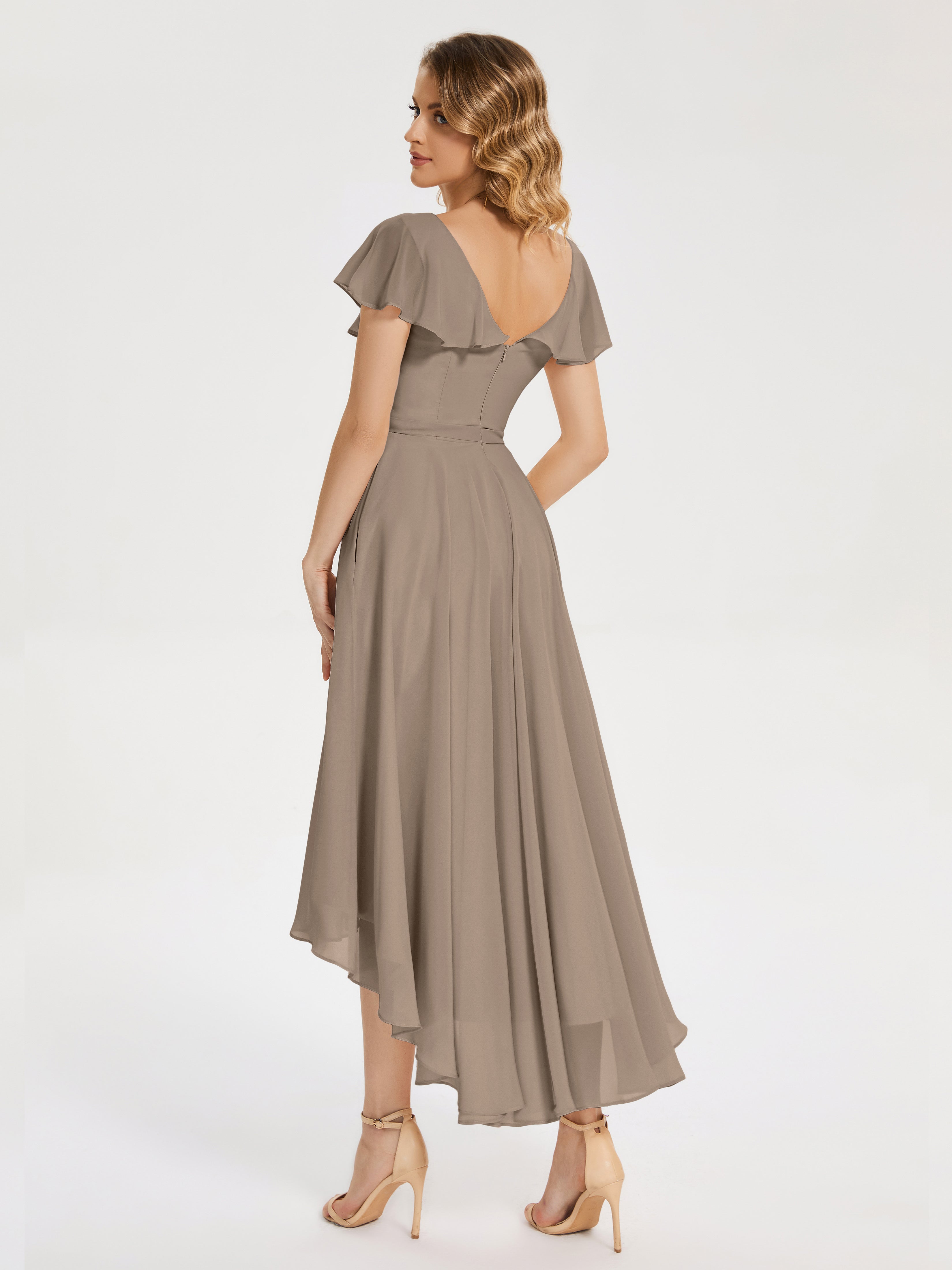 Robe Ceremonie Taupe Col V Asymétrique Robes Demoiselle D'Honneur À Volants