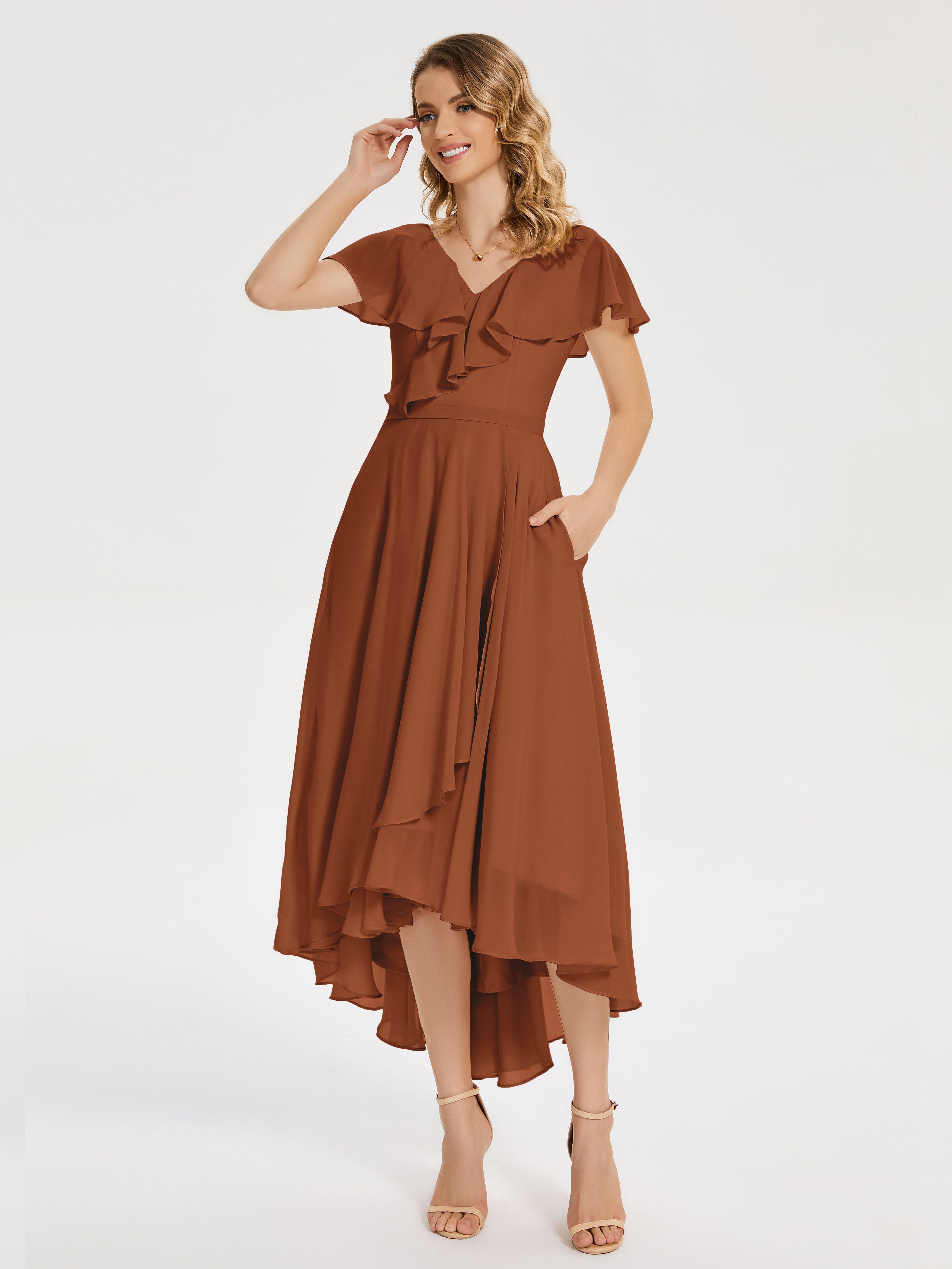 Robe Demoiselle D Honneur Terracotta Col V Asymétrique Robes Demoiselle D'Honneur À Volants