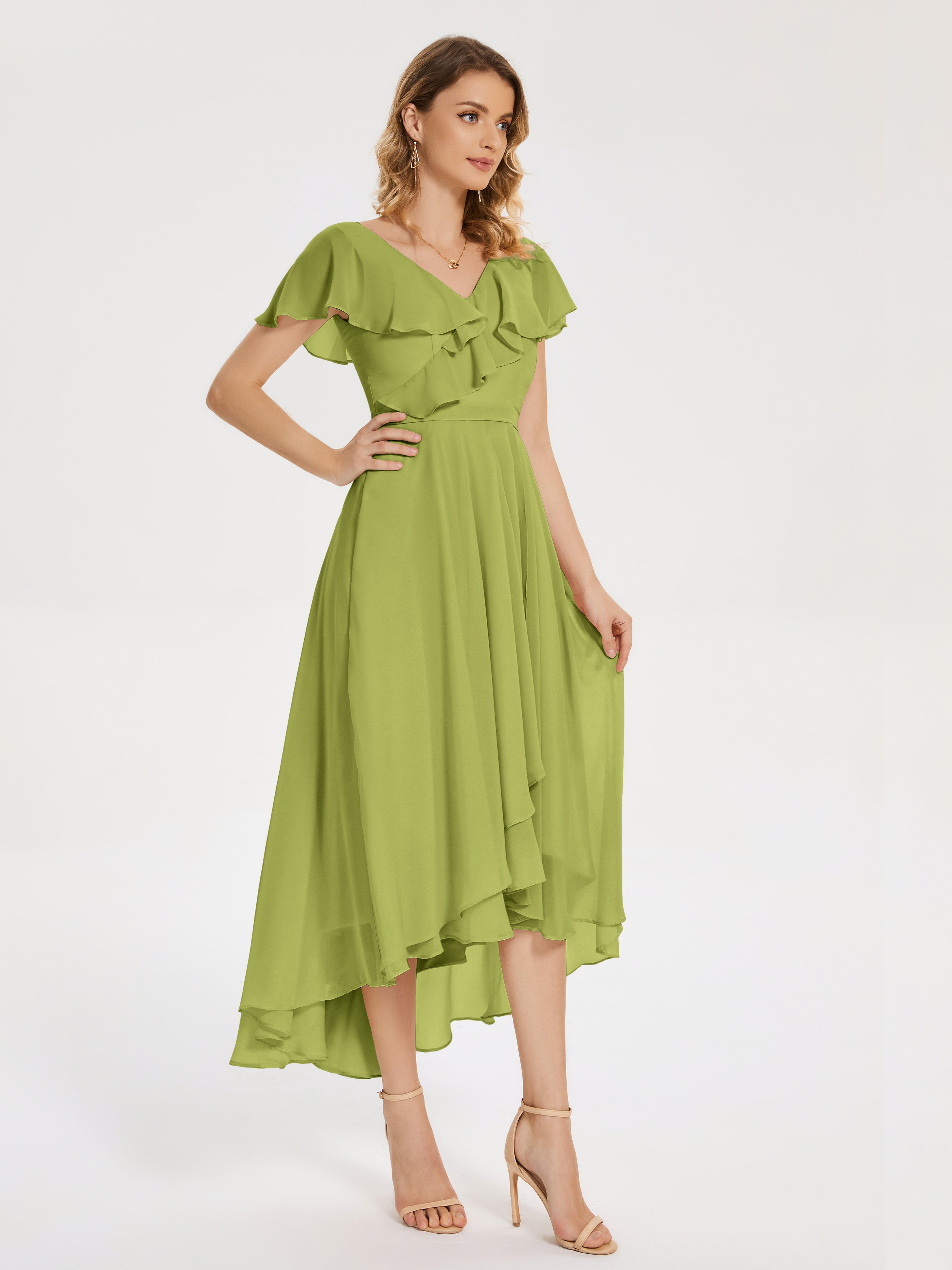 Robes De Demoiselle D'Honneur Trèfle Col V Asymétrique Robes Demoiselle D'Honneur À Volants