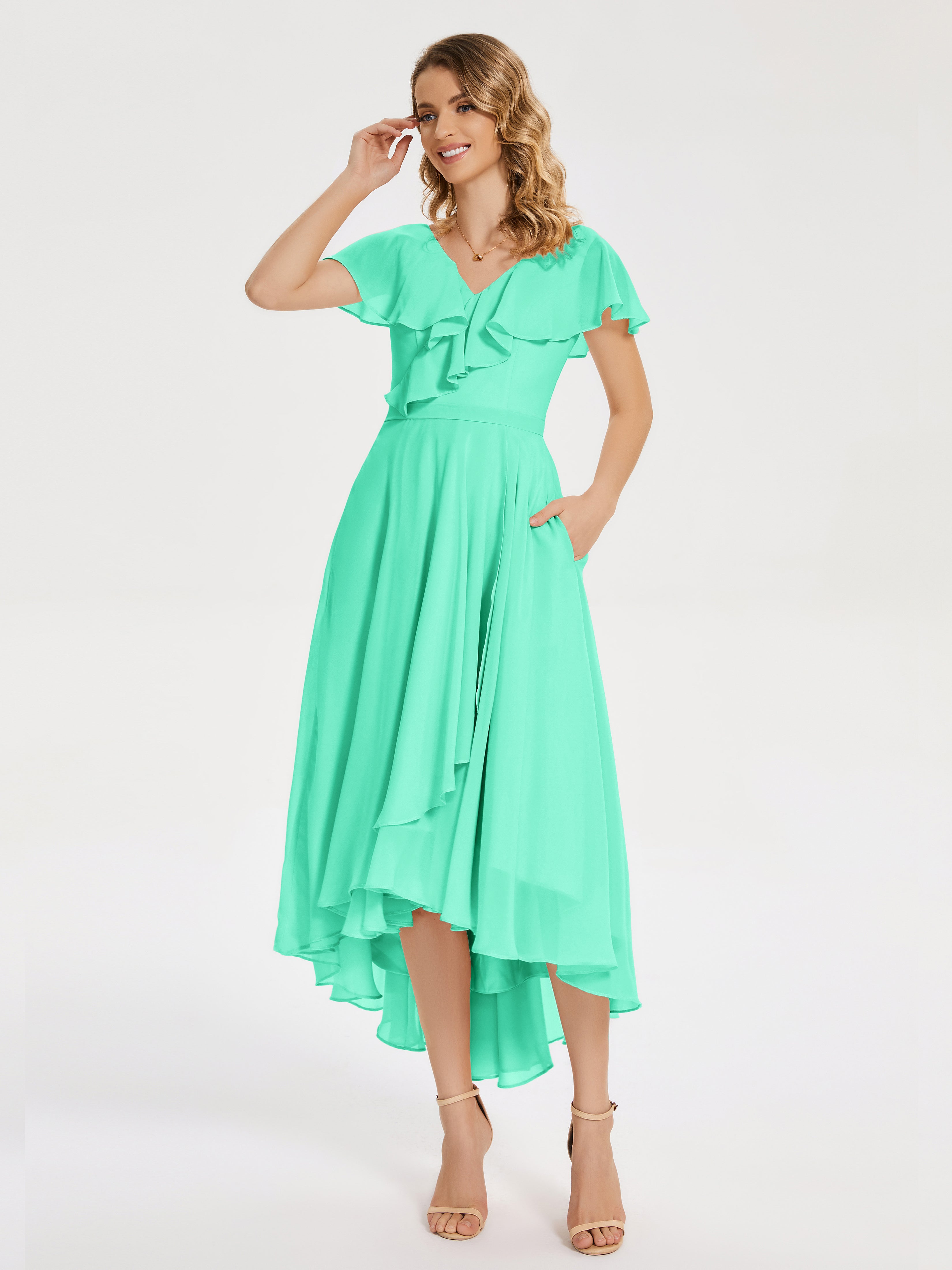 Robe Turquoise Demoiselle D Honneur Col V Asymétrique Robes Demoiselle D'Honneur À Volants