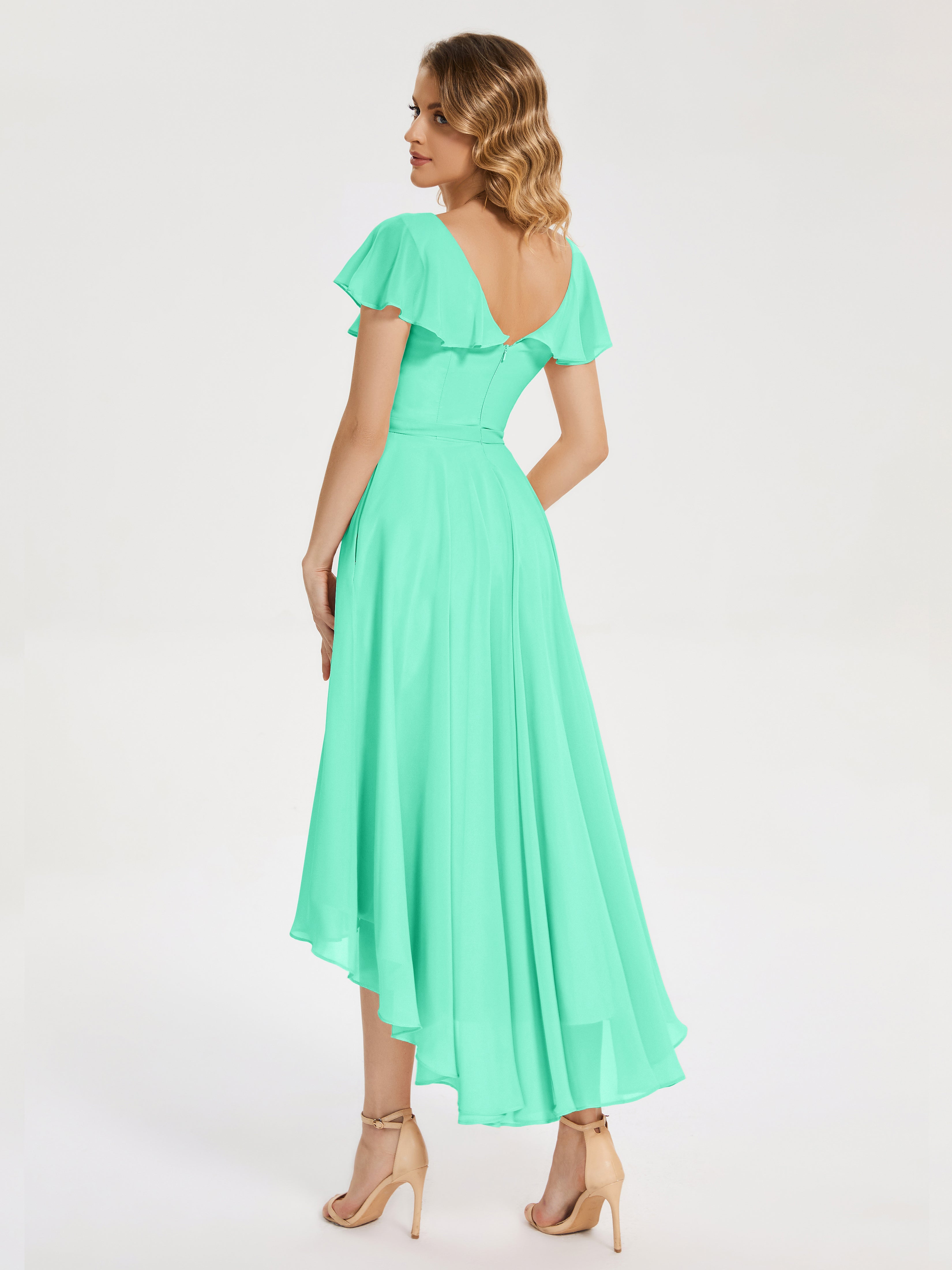 Robe Turquoise Demoiselle D Honneur Col V Asymétrique Robes Demoiselle D'Honneur À Volants