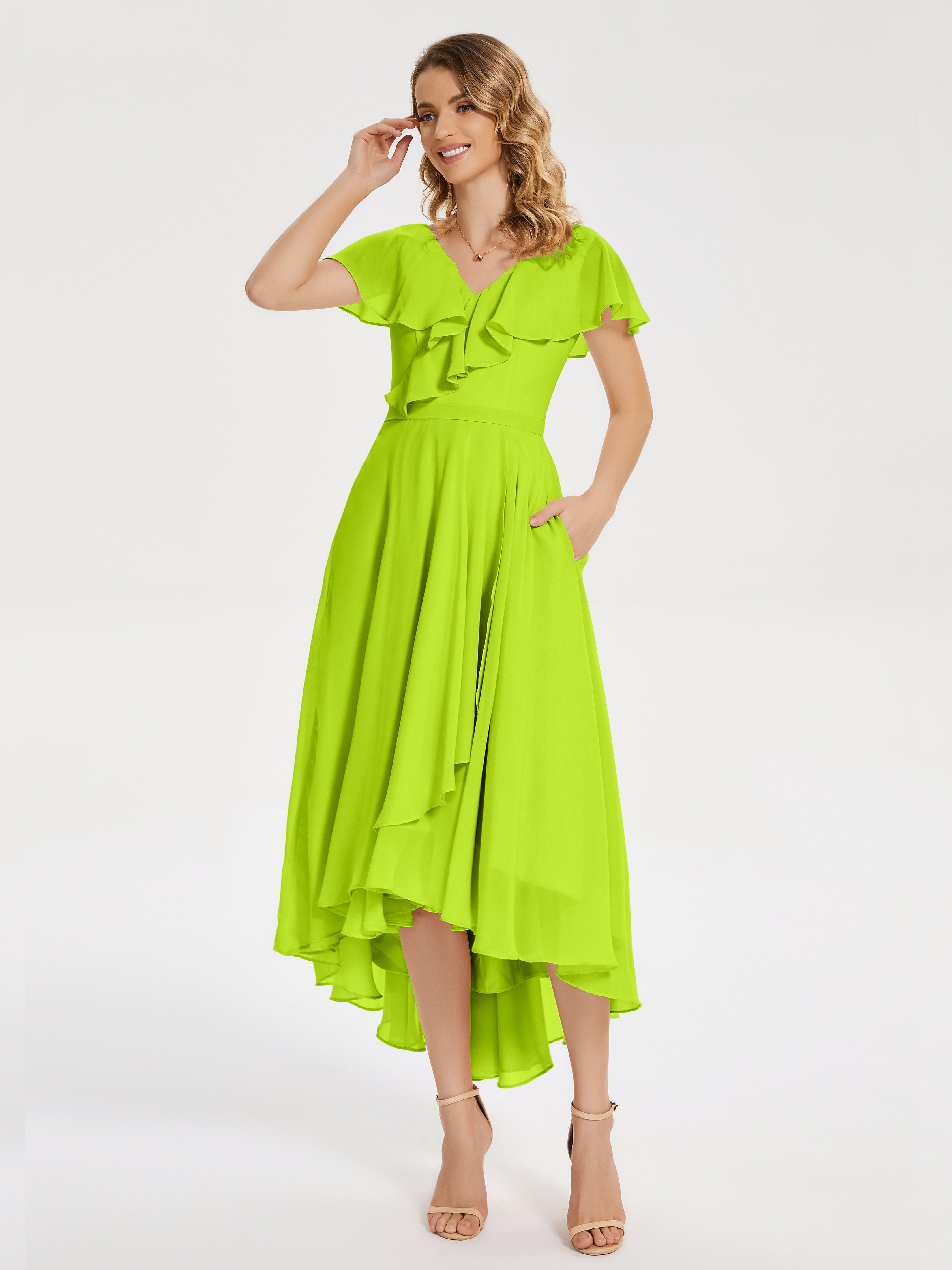 Robes De Demoiselle D'Honneur Vert Citron Col V Asymétrique Robes Demoiselle D'Honneur À Volants