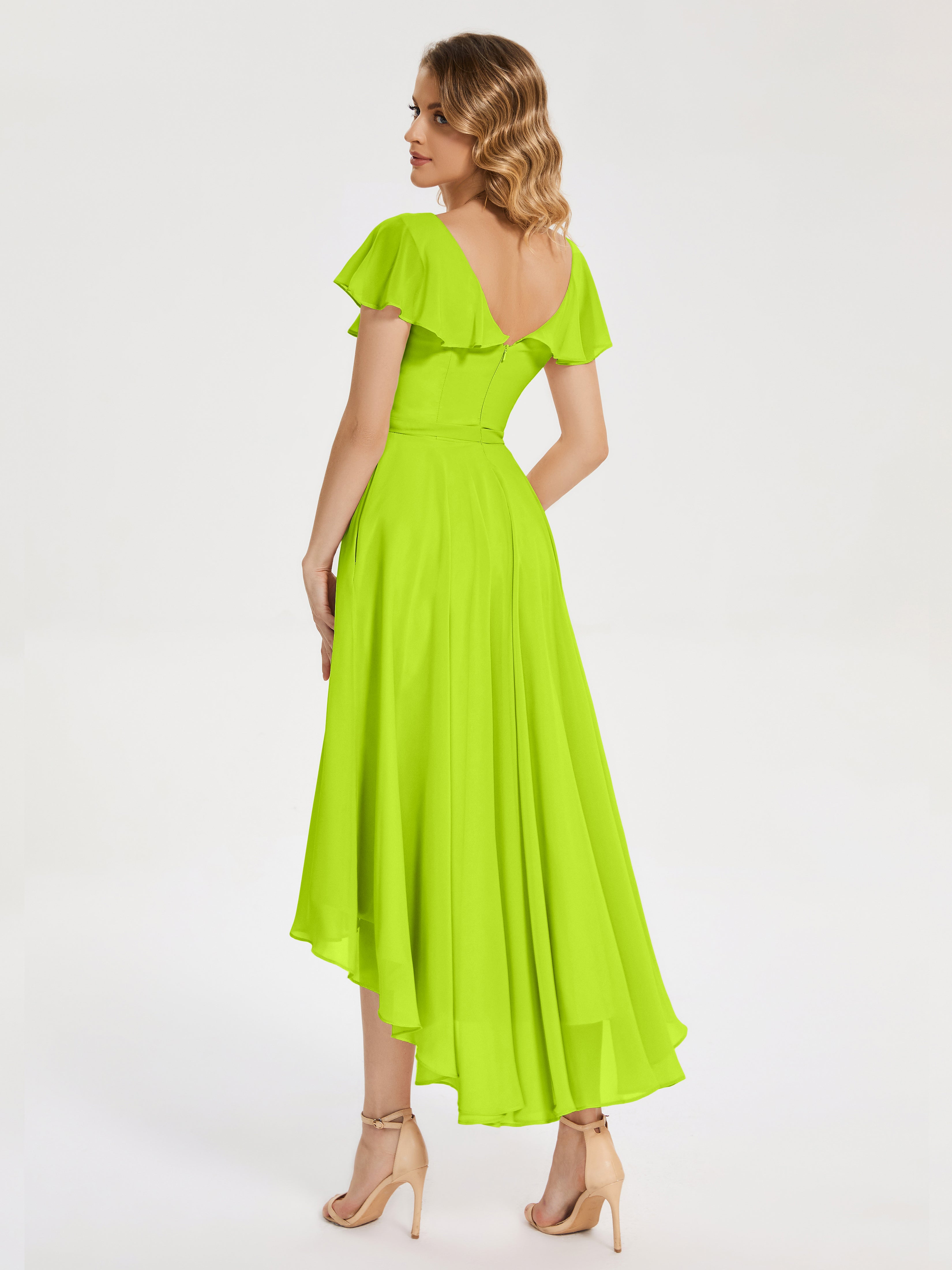 Robes De Demoiselle D'Honneur Vert Citron Col V Asymétrique Robes Demoiselle D'Honneur À Volants