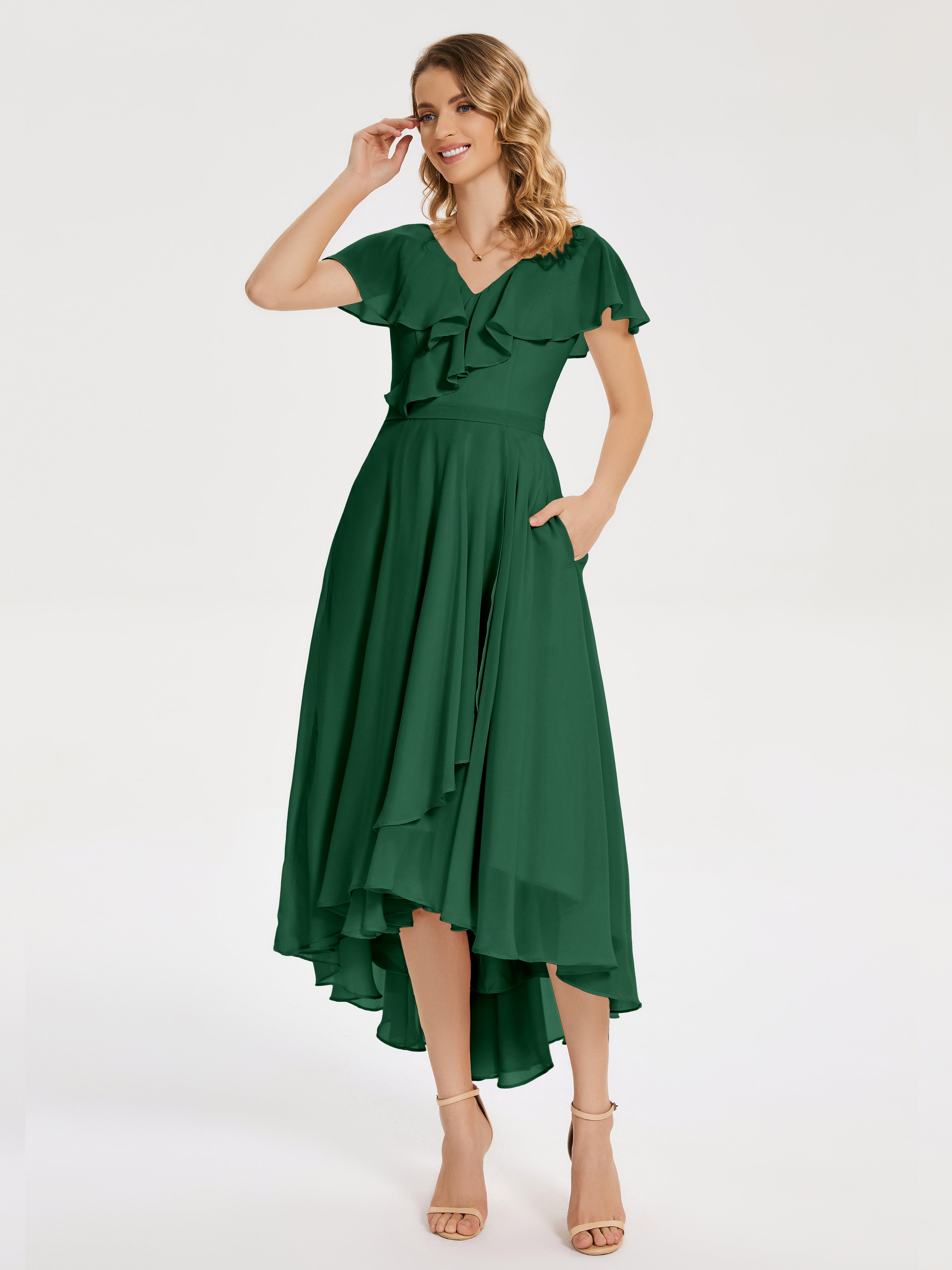 Robes De Demoiselle D'Honneur Vert Foncé Col V Asymétrique Robes Demoiselle D'Honneur À Volants