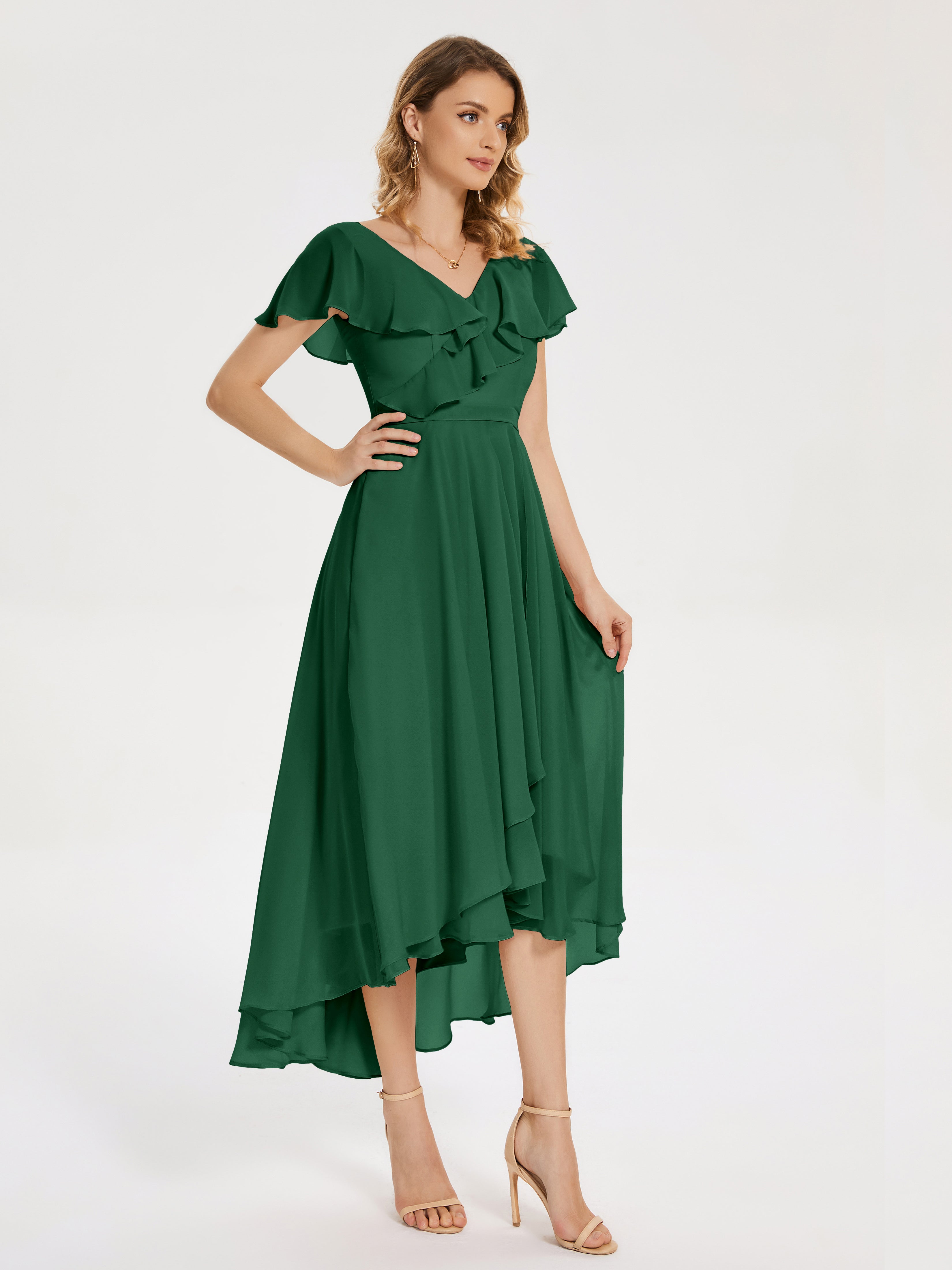 Robes De Demoiselle D'Honneur Vert Foncé Col V Asymétrique Robes Demoiselle D'Honneur À Volants
