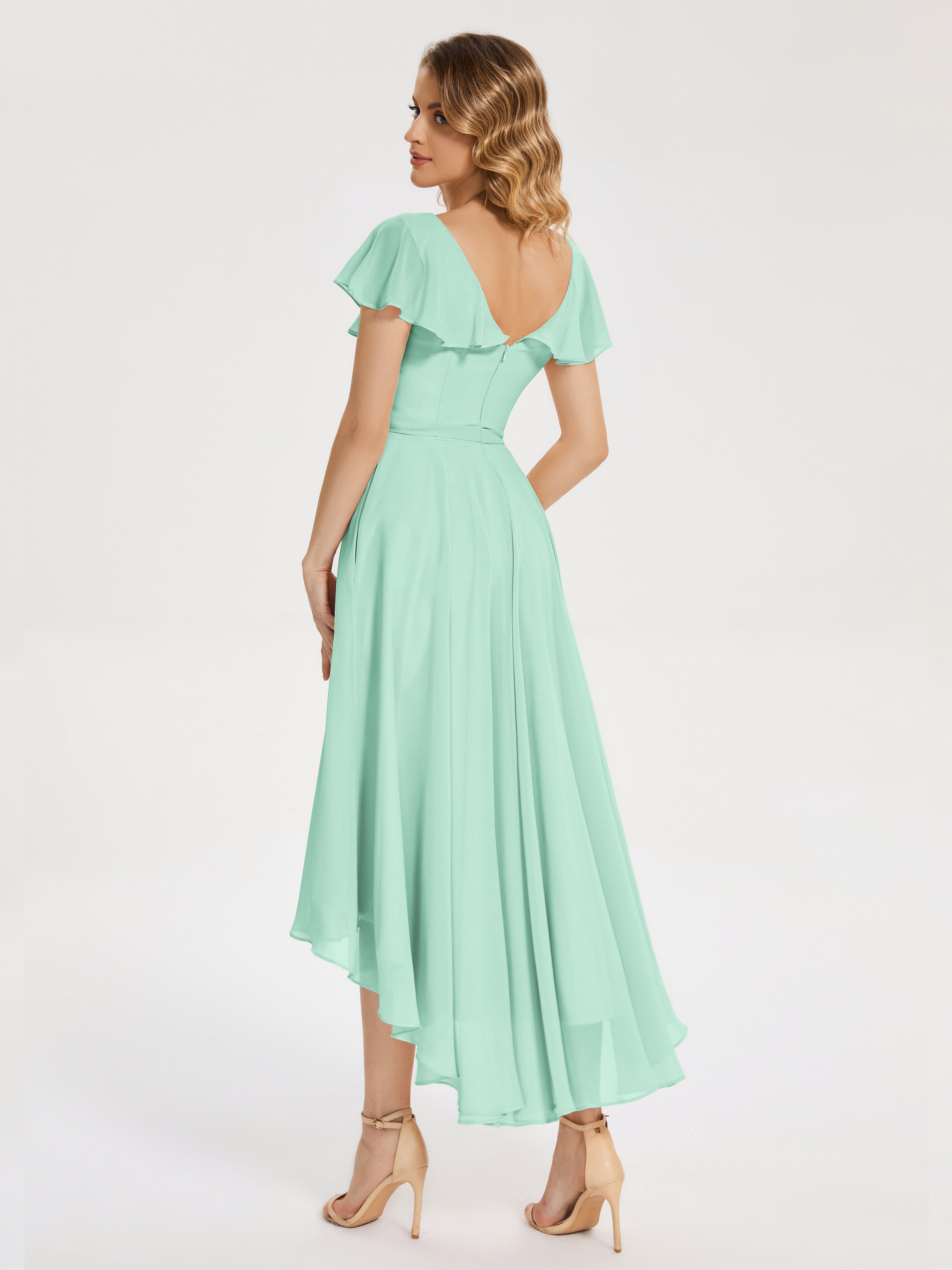 Robe Demoiselle D Honneur Vert Menthe Col V Asymétrique Robes Demoiselle D'Honneur À Volants