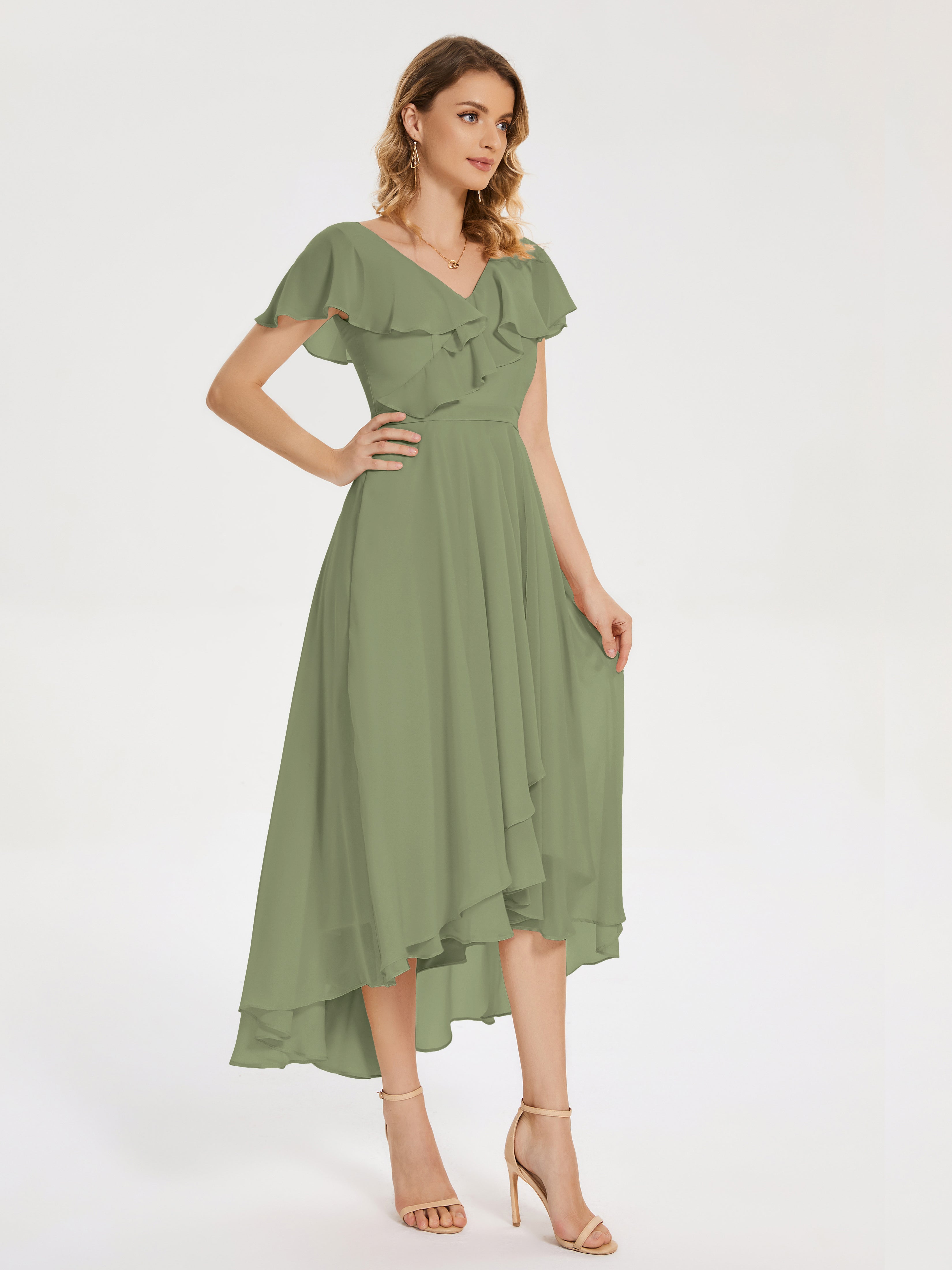 Robes De Demoiselle D'Honneur Vert Olive Clair Col V Asymétrique Robes Demoiselle D'Honneur À Volants