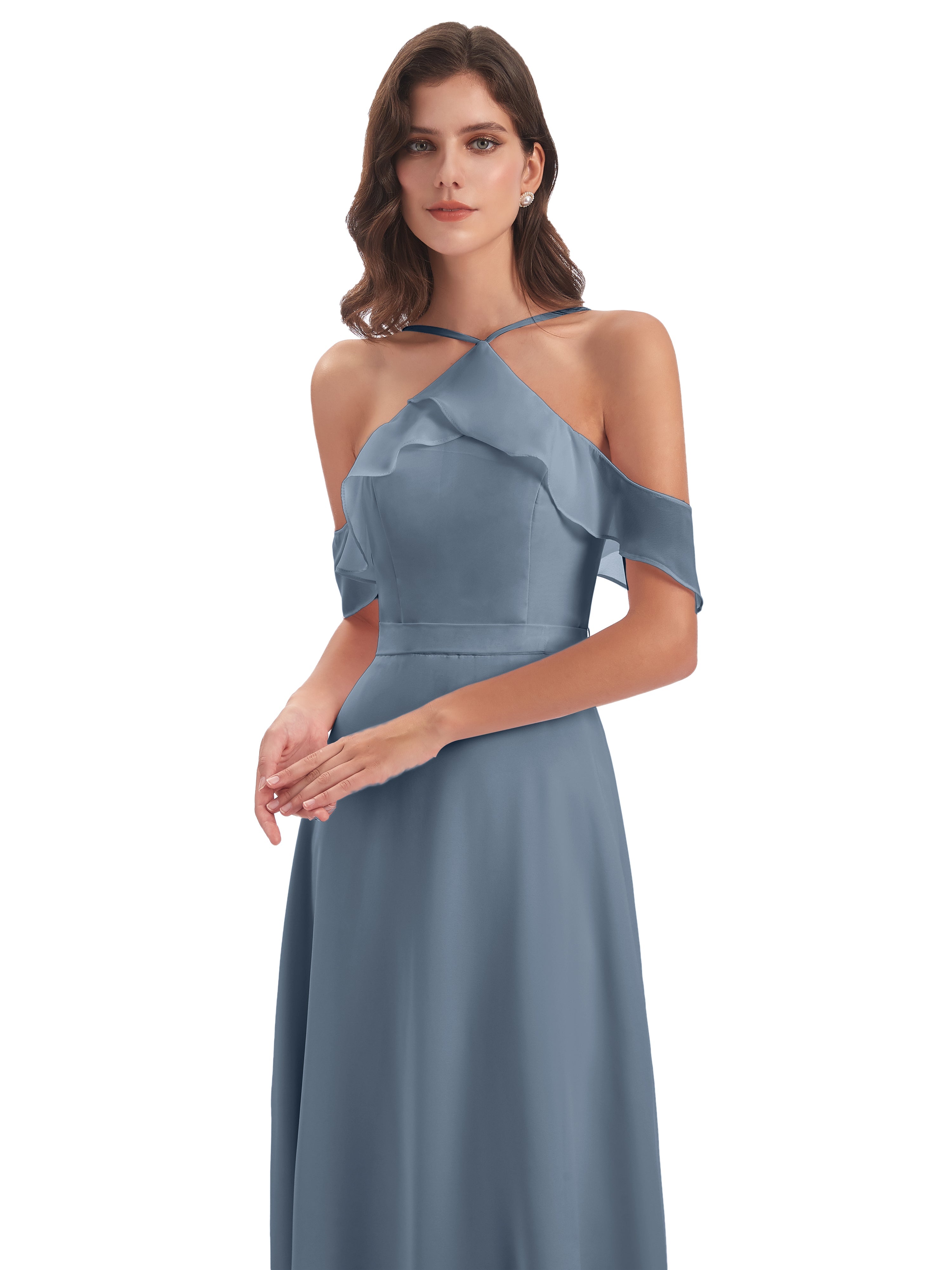 Robes De Demoiselle D'Honneur Bleu Gris Fourreau/Colonne Hors-La-Épaule Mousseline Robes Demoiselle D'Honneur