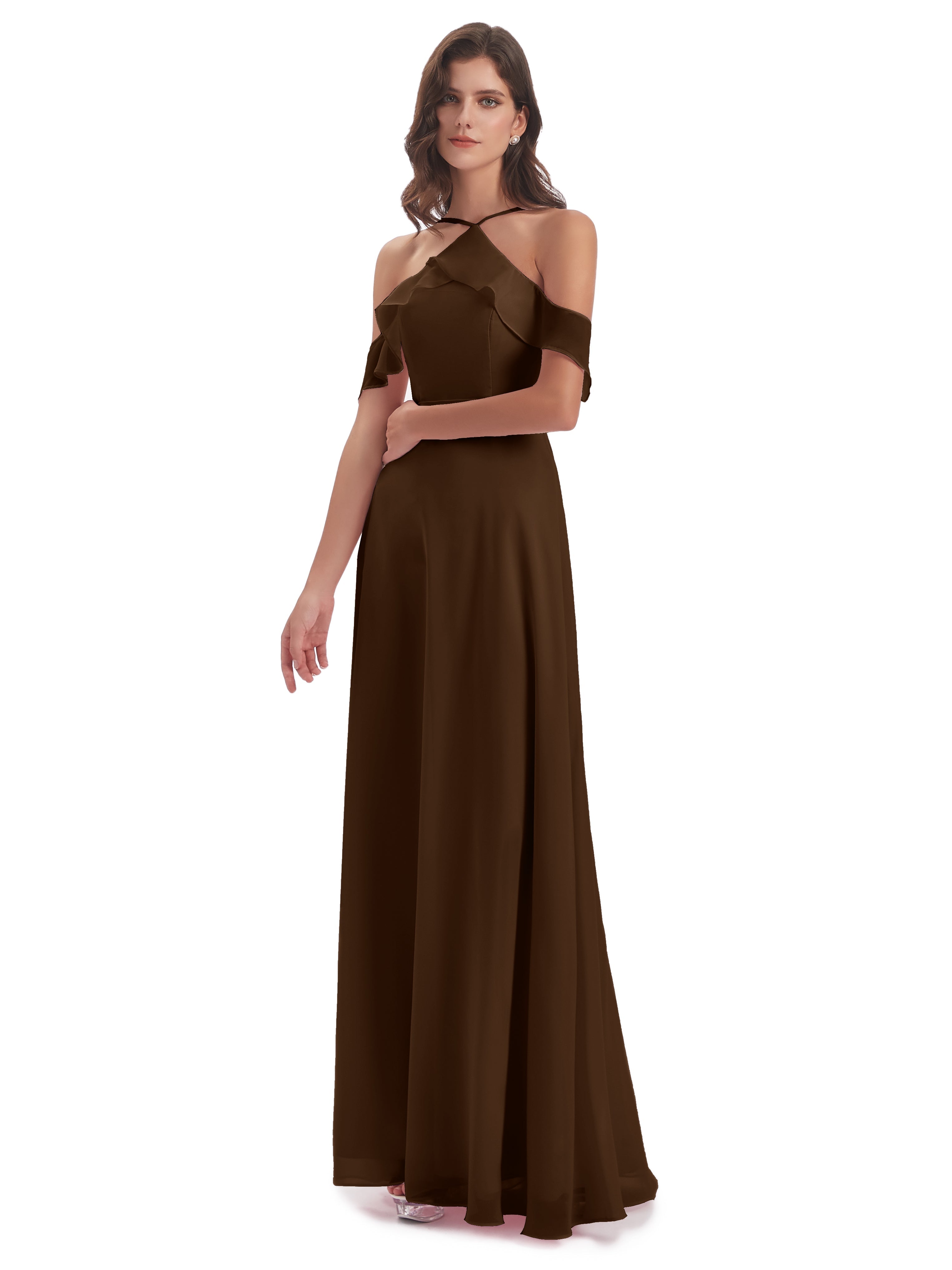 Robe Demoiselle D Honneur Brun Fourreau/Colonne Hors-La-Épaule Mousseline Robes Demoiselle D'Honneur