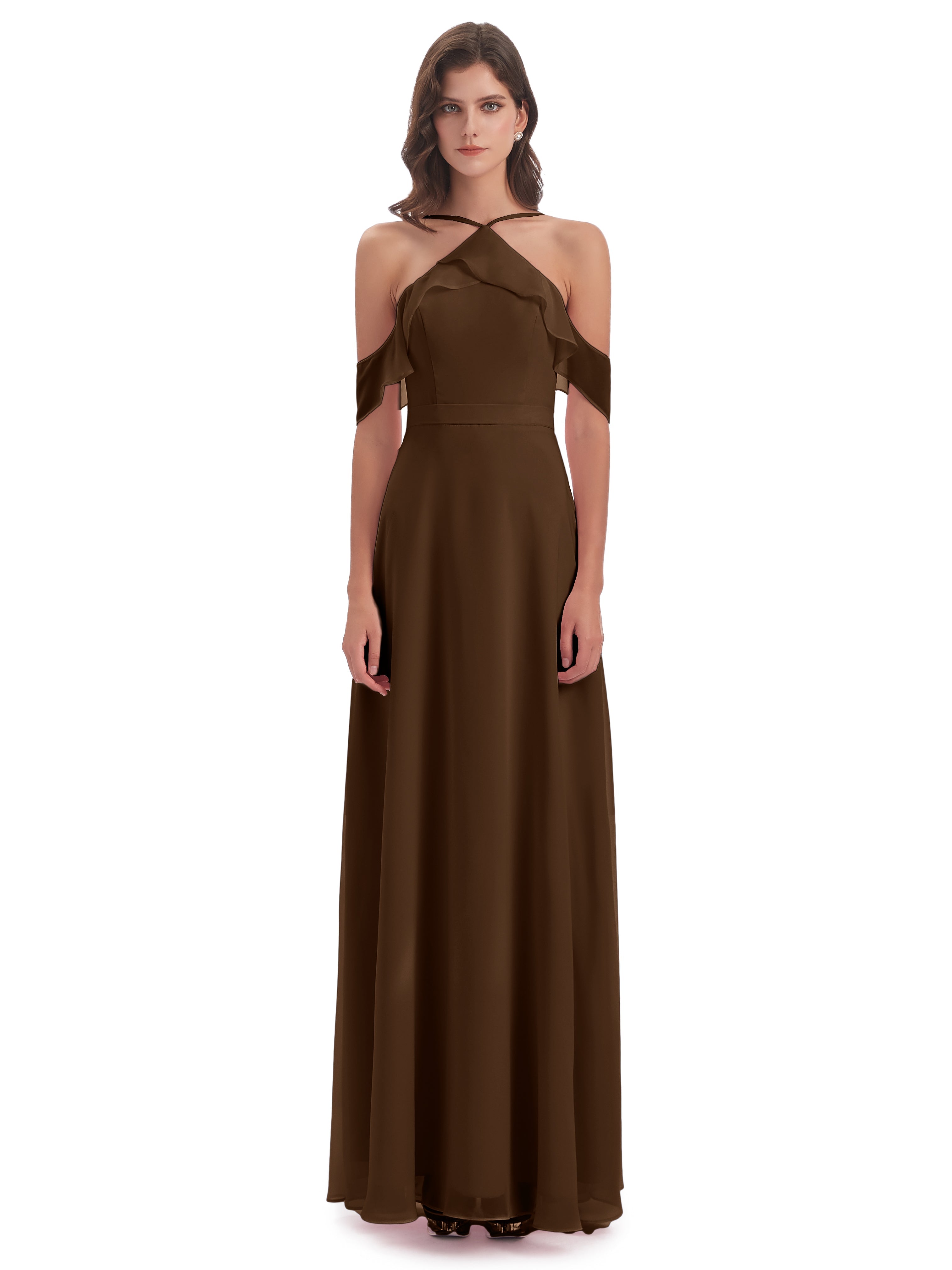 Robe Demoiselle D Honneur Brun Fourreau/Colonne Hors-La-Épaule Mousseline Robes Demoiselle D'Honneur