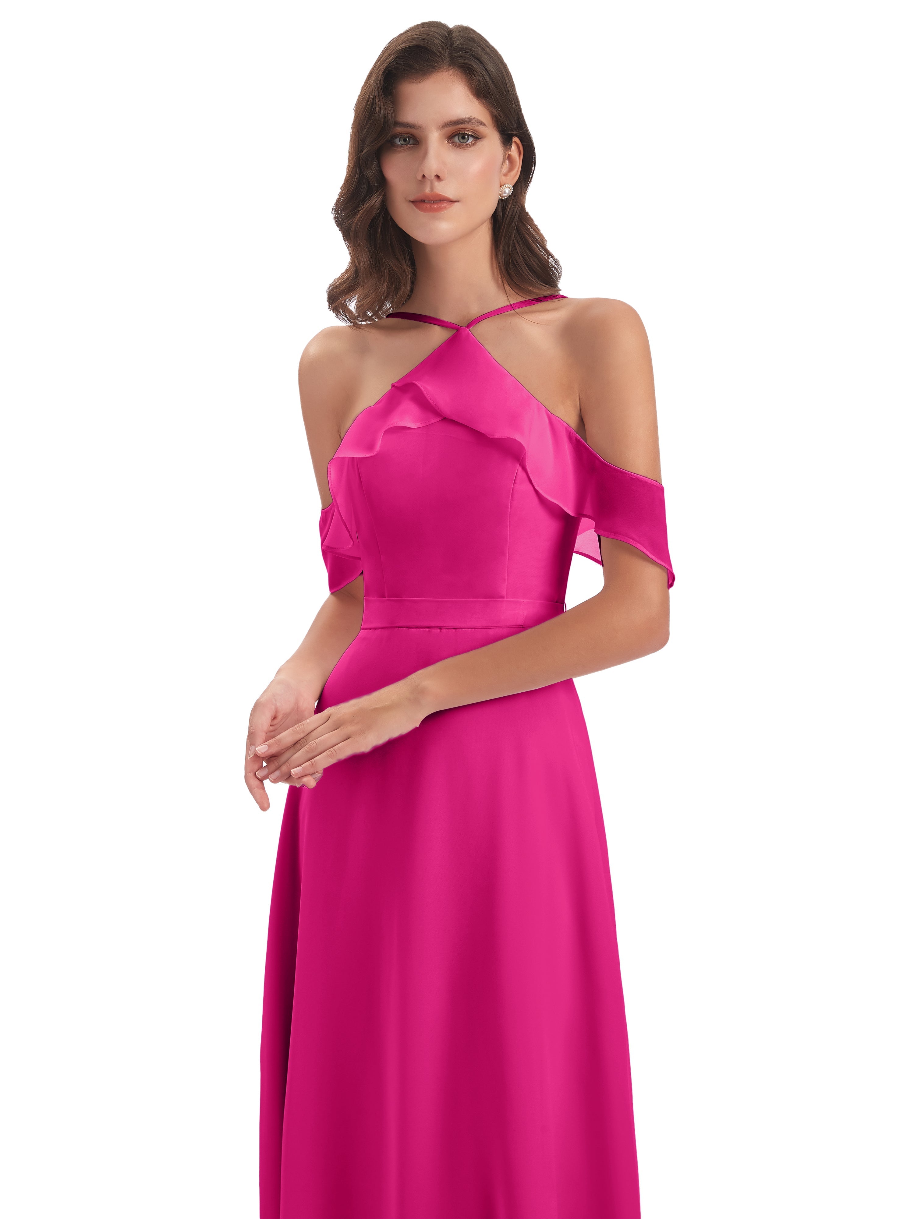 Robe Fuchsia Demoiselle D Honneur Fourreau/Colonne Hors-La-Épaule Mousseline Robes Demoiselle D'Honneur