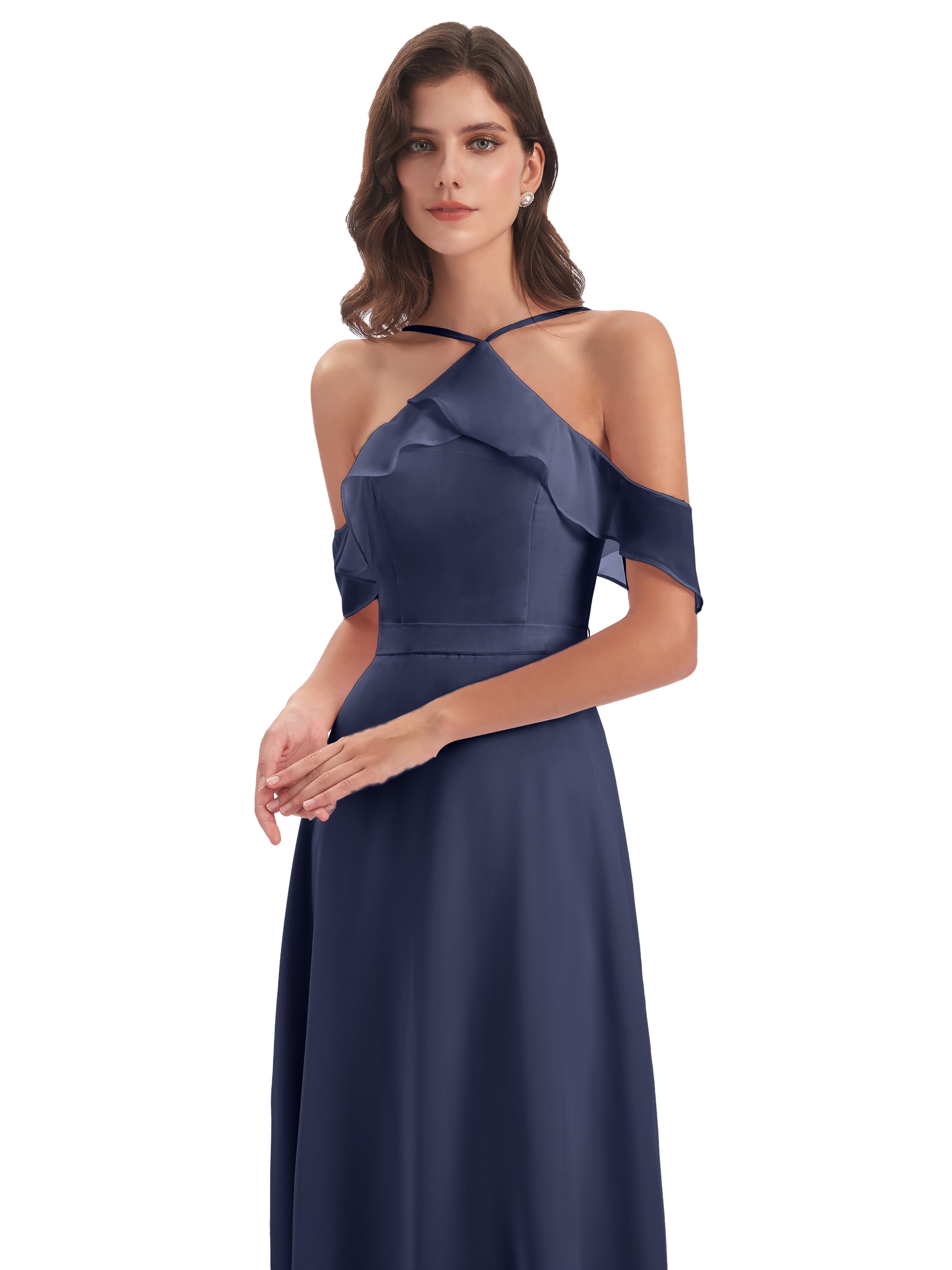 Robes De Demoiselle D'Honneur Bleu Orageux Fourreau/Colonne Hors-La-Épaule Mousseline Robes Demoiselle D'Honneur