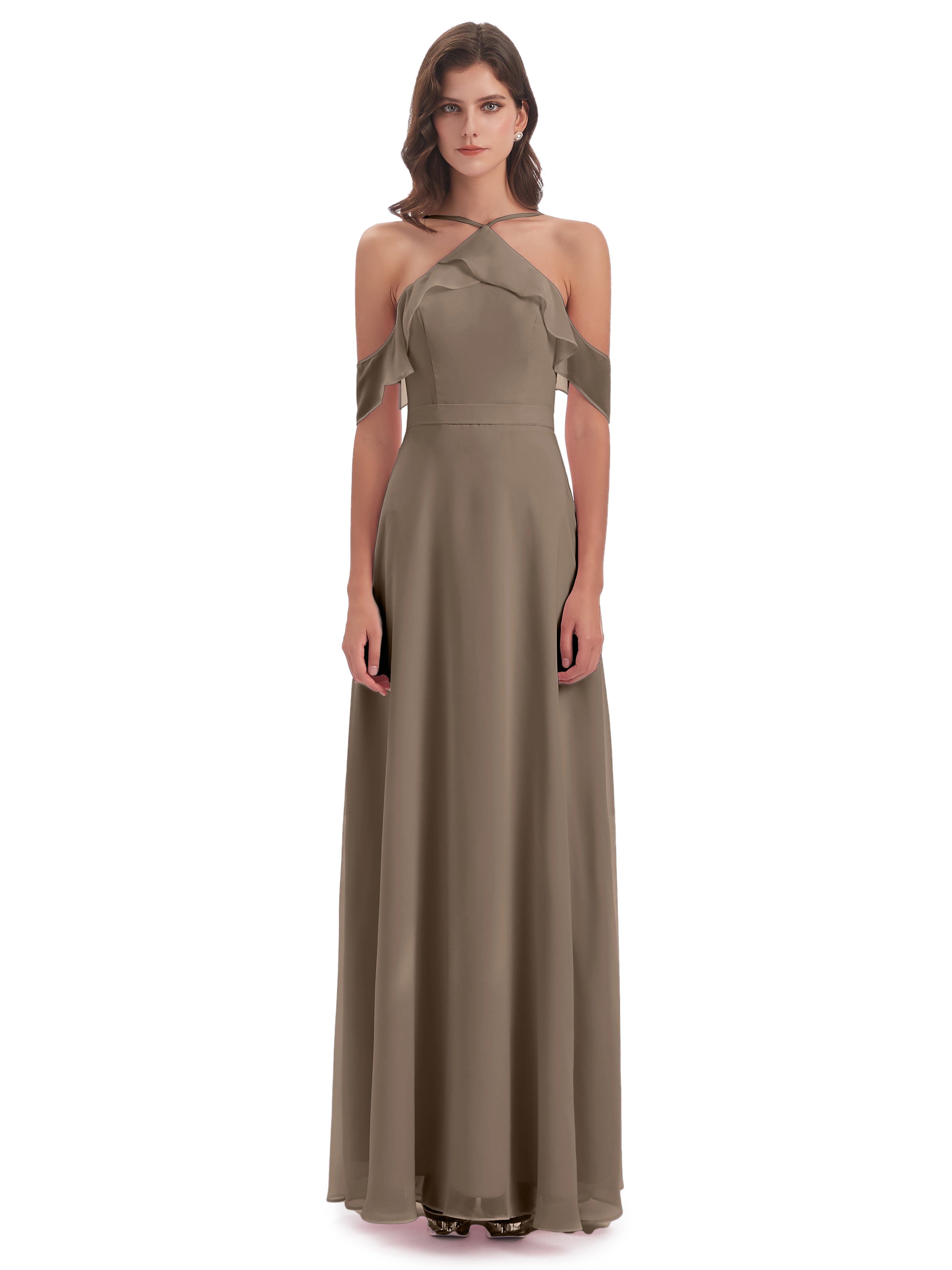 Robe Ceremonie Taupe Fourreau/Colonne Hors-La-Épaule Mousseline Robes Demoiselle D'Honneur