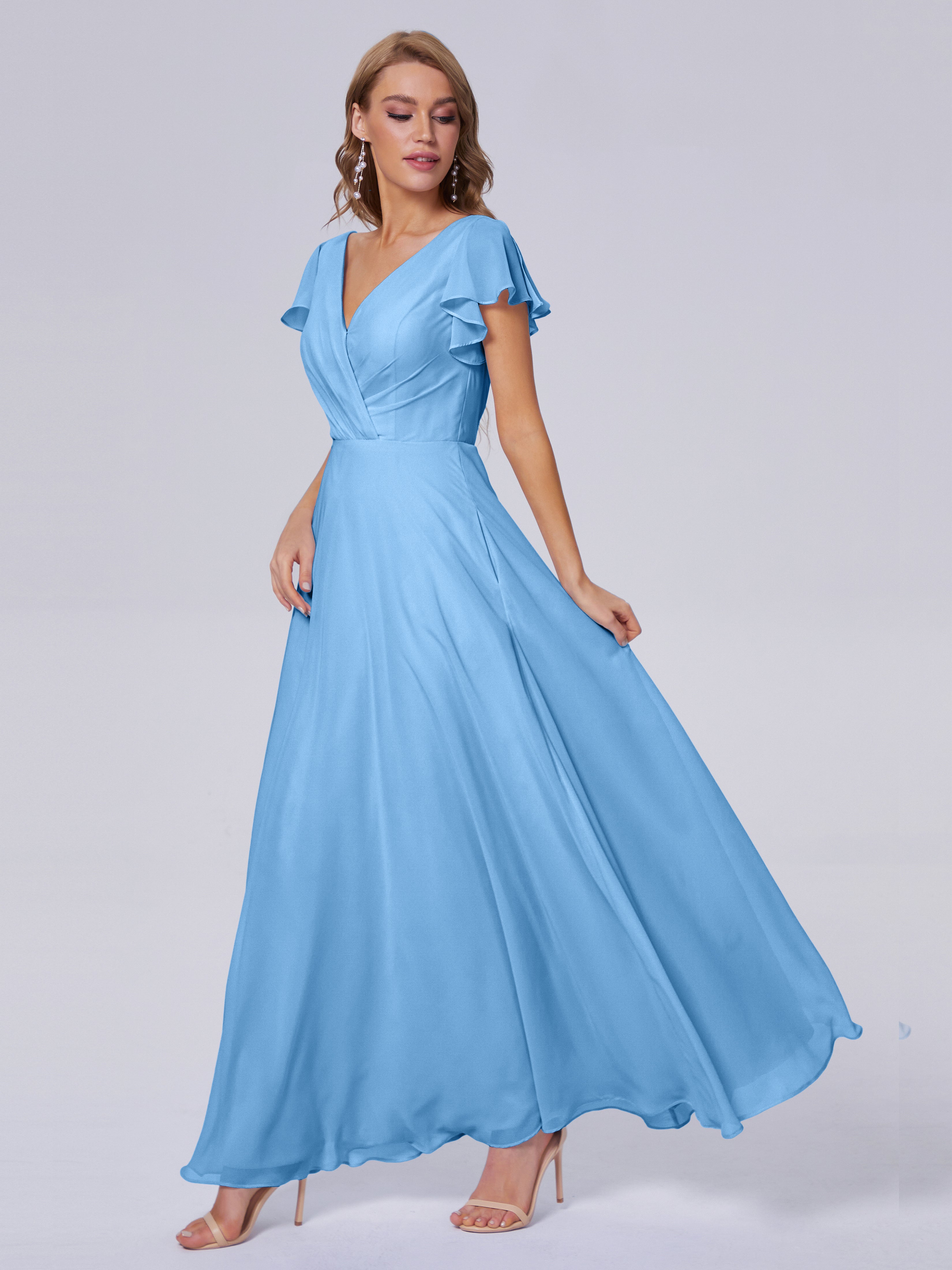 Robe Demoiselle D Honneur Bleu Col V Mousseline Robes Demoiselle D'Honneur
