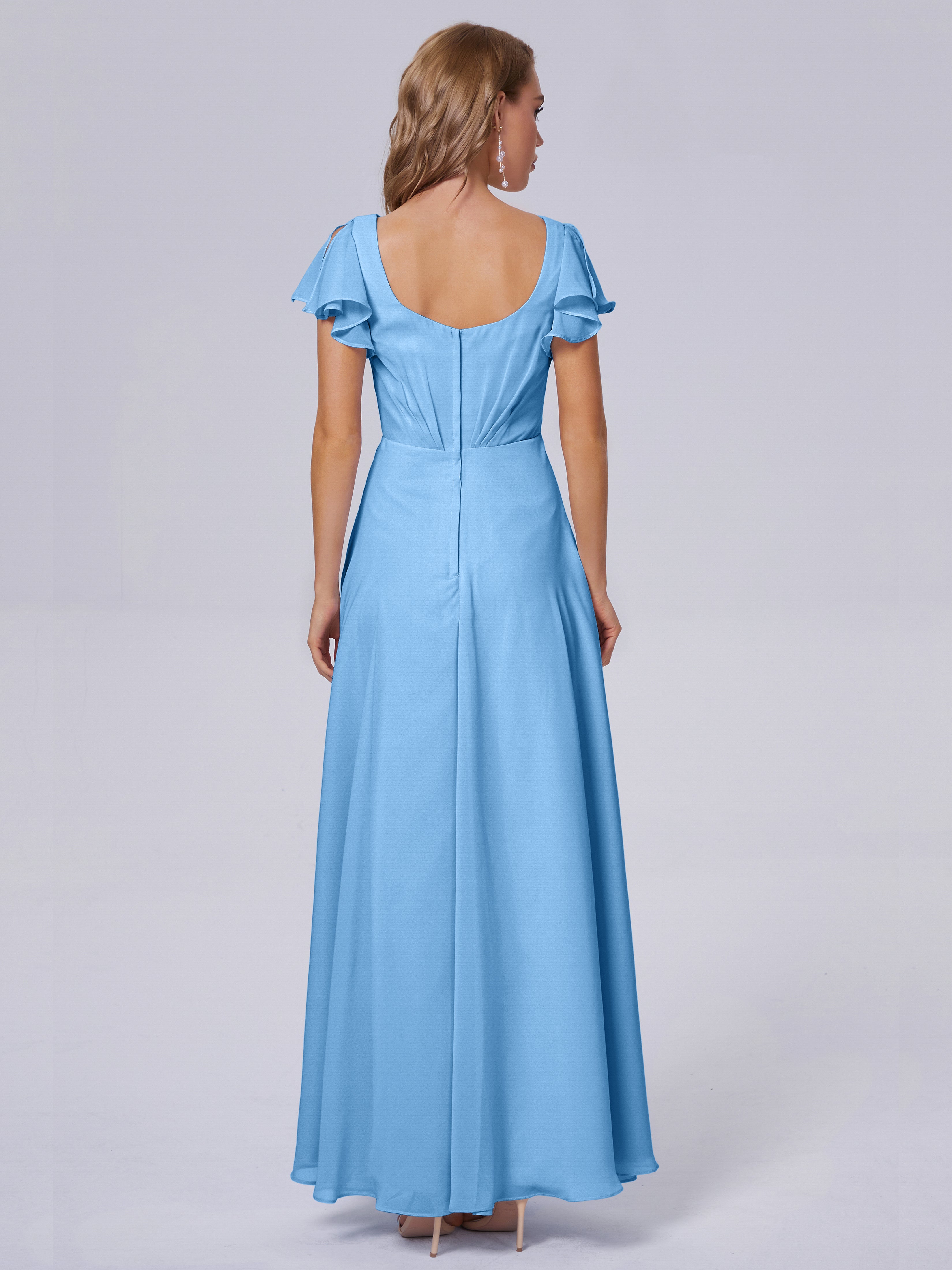 Robe Demoiselle D Honneur Bleu Col V Mousseline Robes Demoiselle D'Honneur