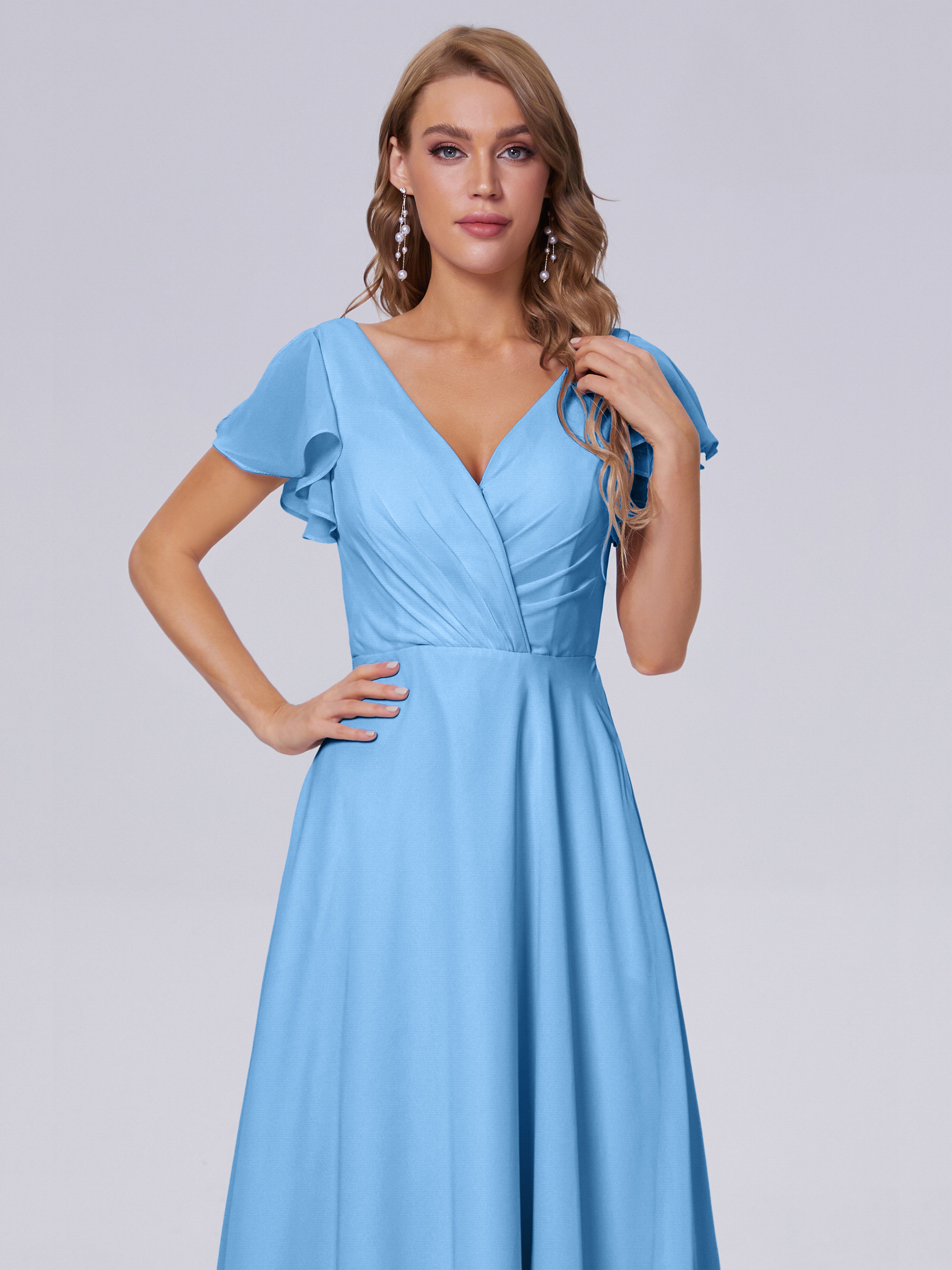 Robe Demoiselle D Honneur Bleu Col V Mousseline Robes Demoiselle D'Honneur