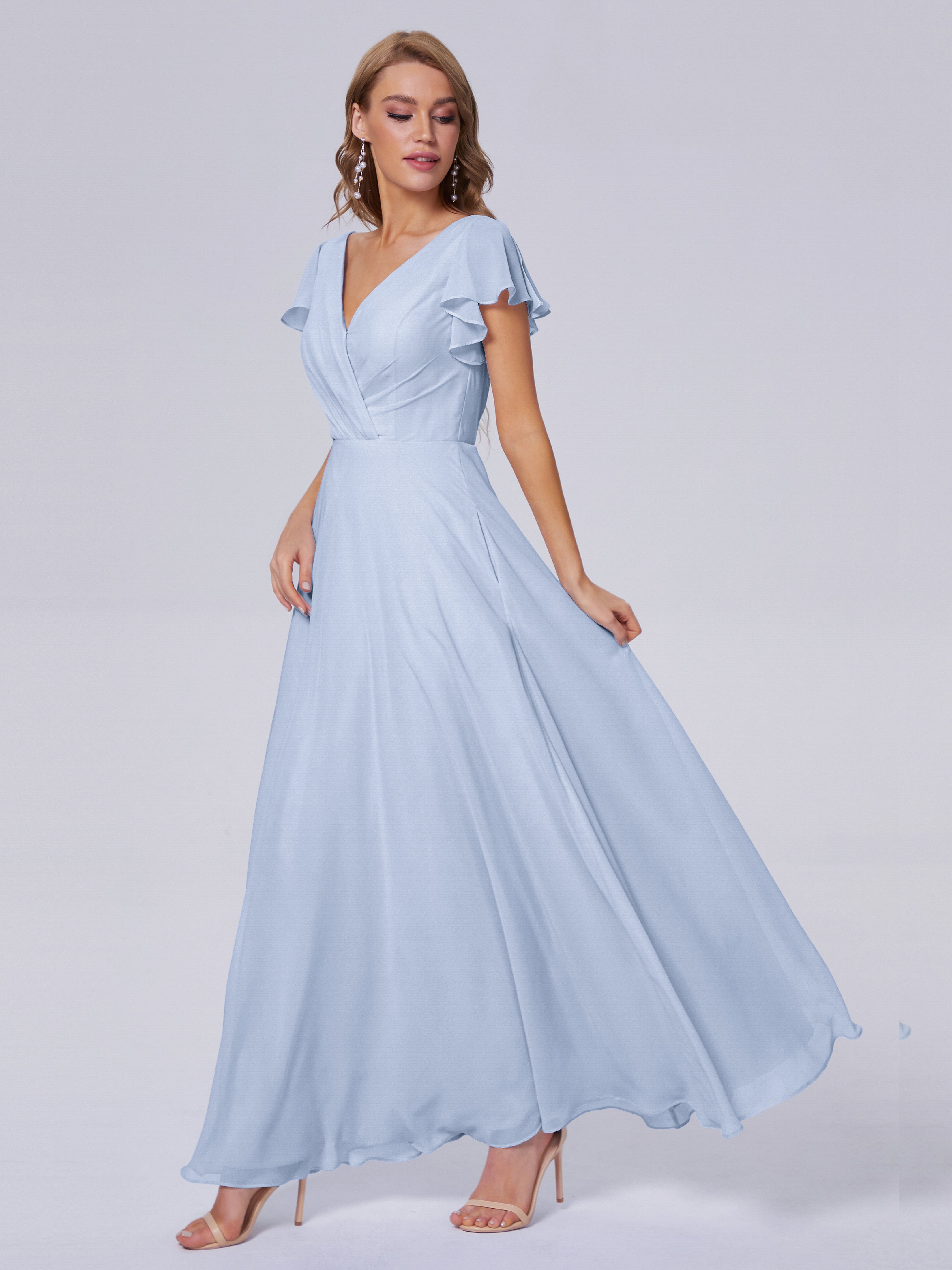 Robe Demoiselle D Honneur Bleu Ciel Col V Mousseline Robes Demoiselle D'Honneur