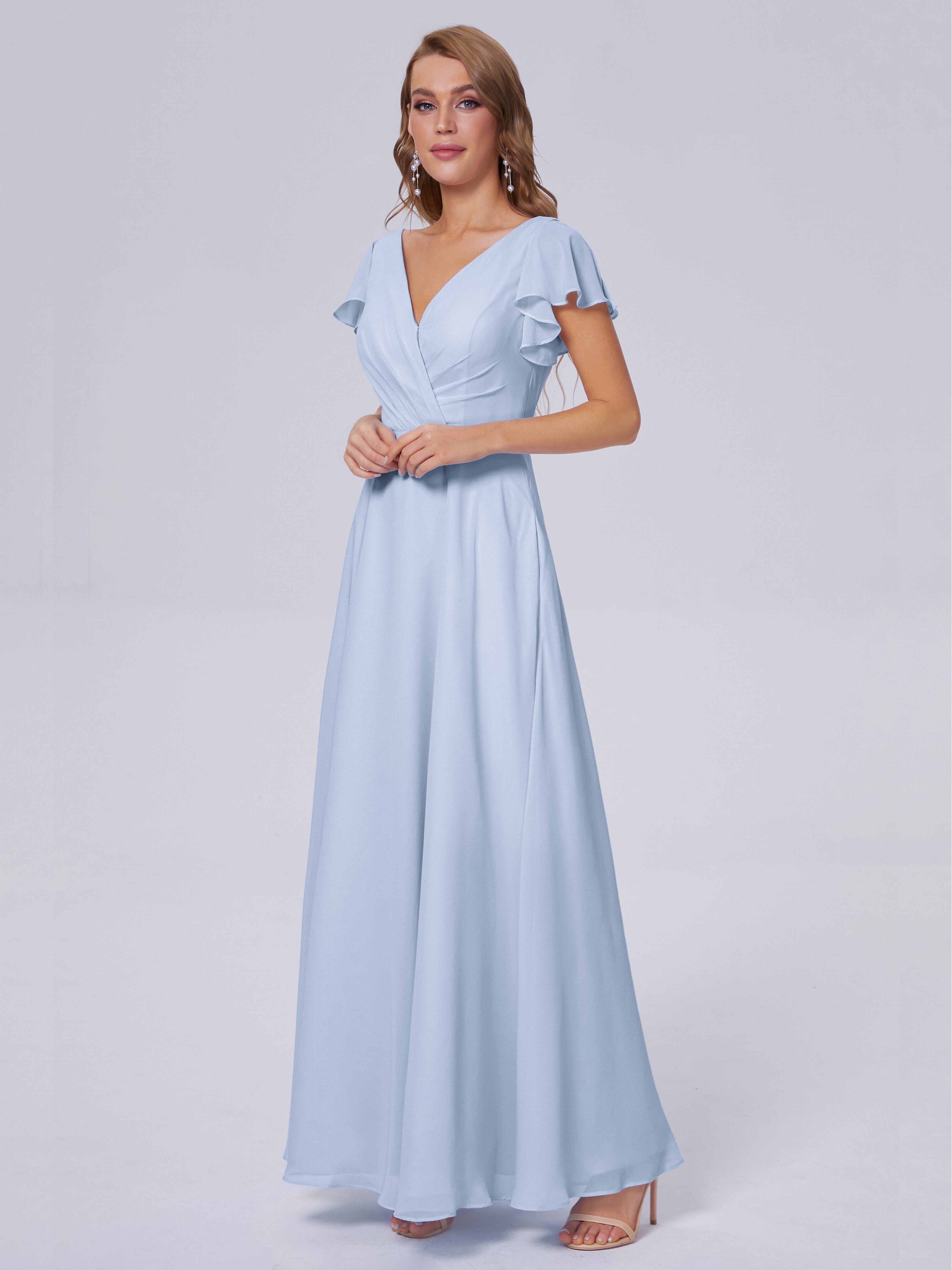 Robe Demoiselle D Honneur Bleu Ciel Col V Mousseline Robes Demoiselle D'Honneur