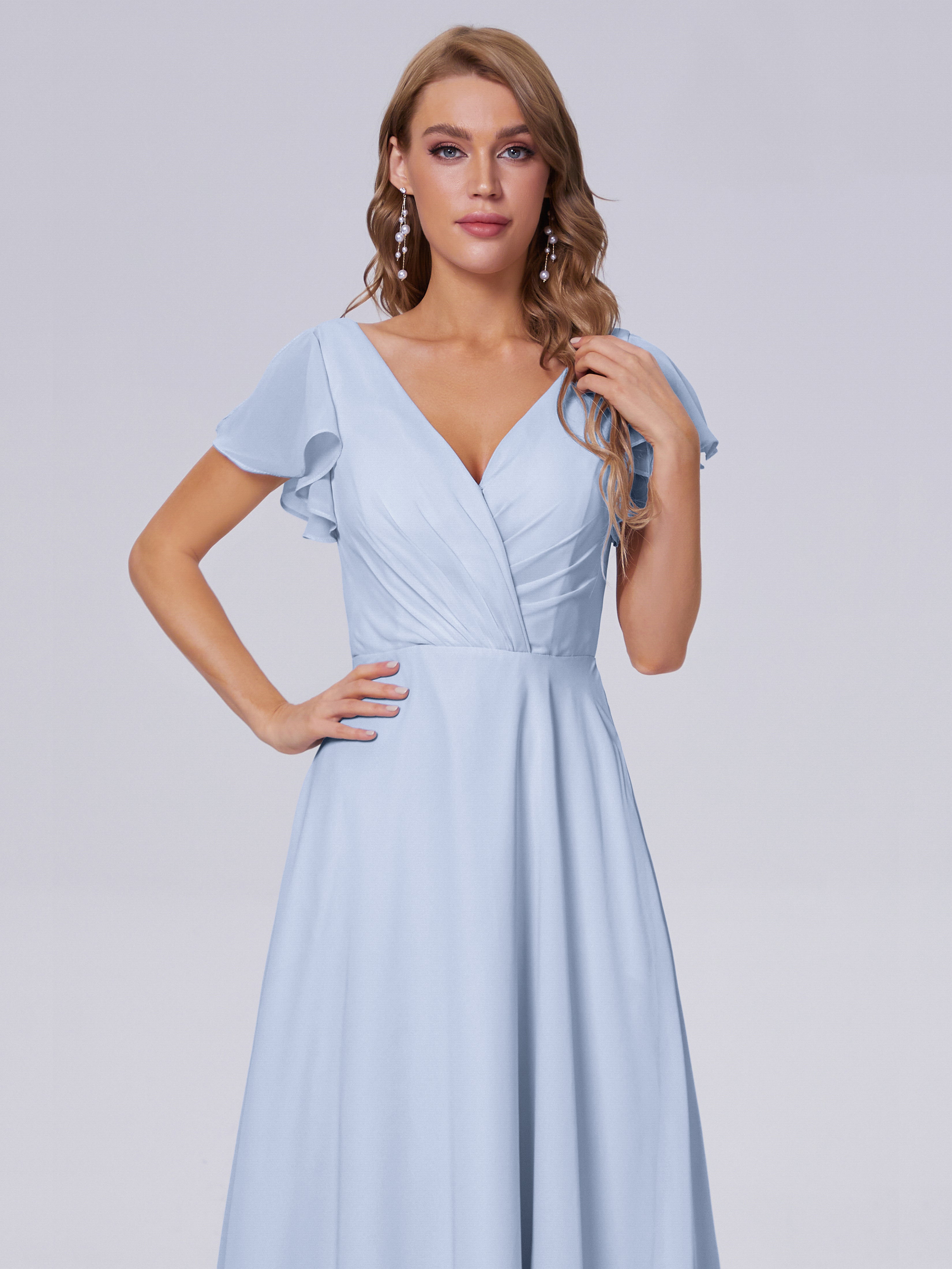 Robe Demoiselle D Honneur Bleu Ciel Col V Mousseline Robes Demoiselle D'Honneur