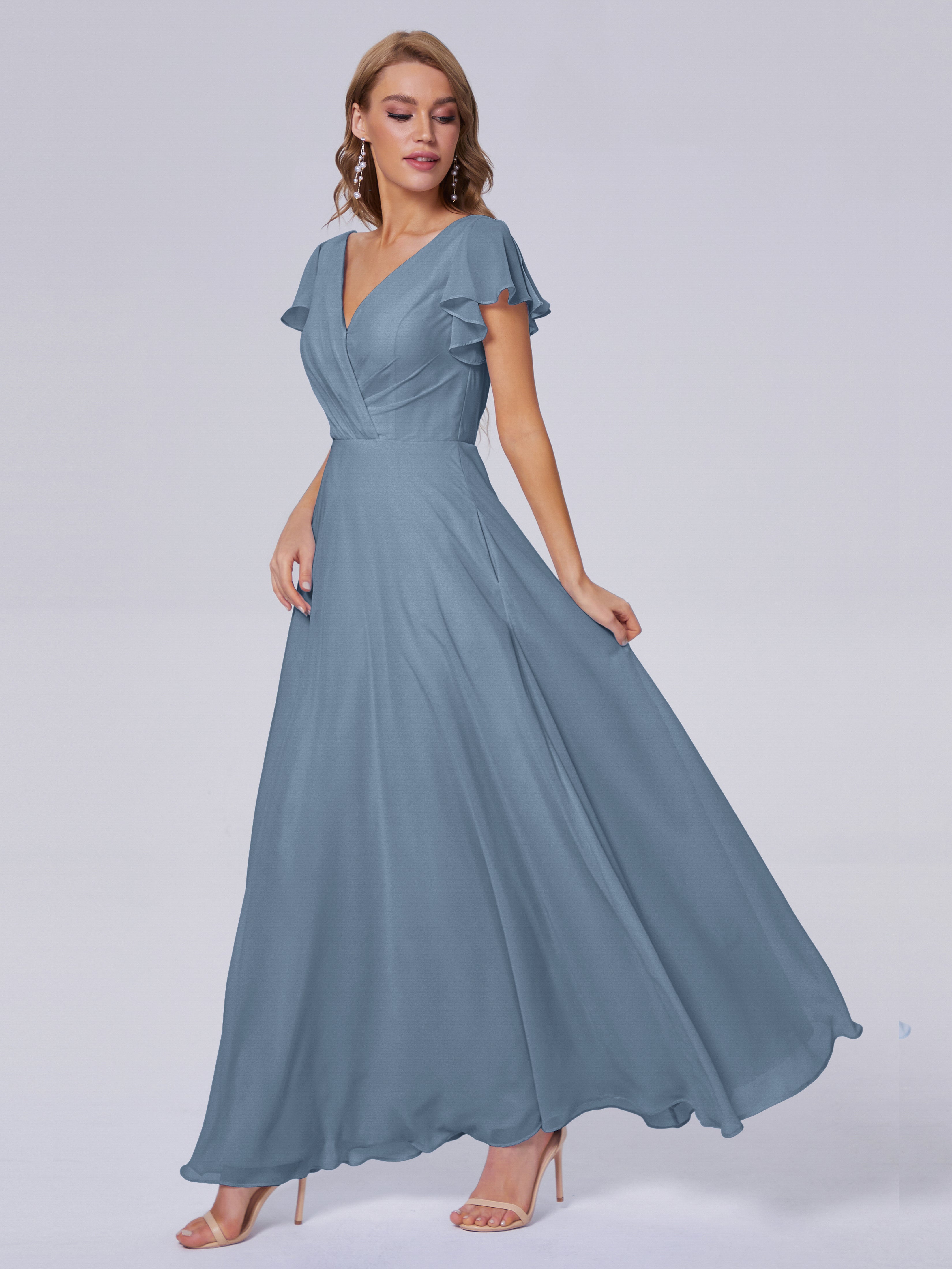 Robes De Demoiselle D'Honneur Bleu De Schiste Col V Mousseline Robes Demoiselle D'Honneur