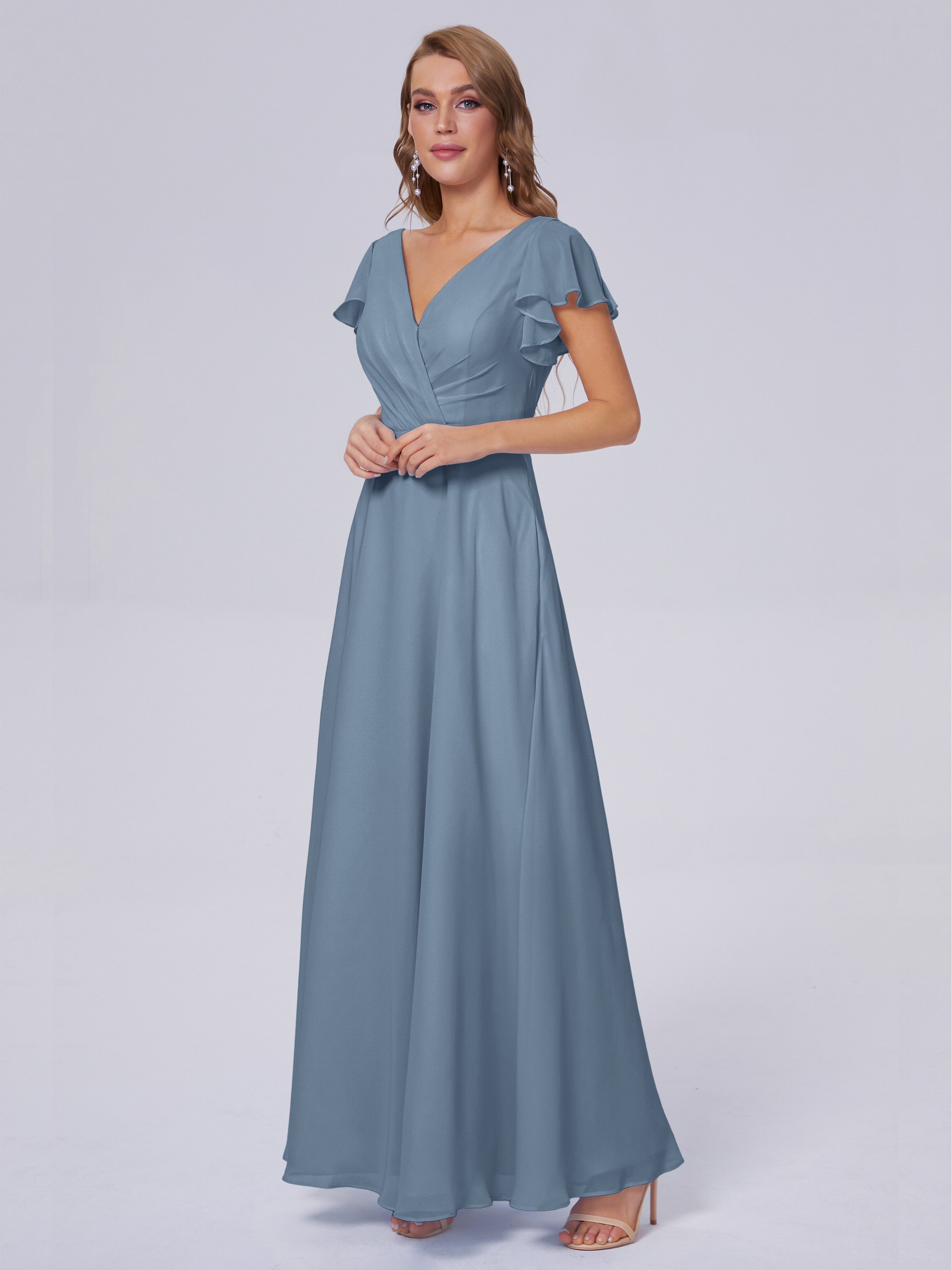 Robes De Demoiselle D'Honneur Bleu De Schiste Col V Mousseline Robes Demoiselle D'Honneur