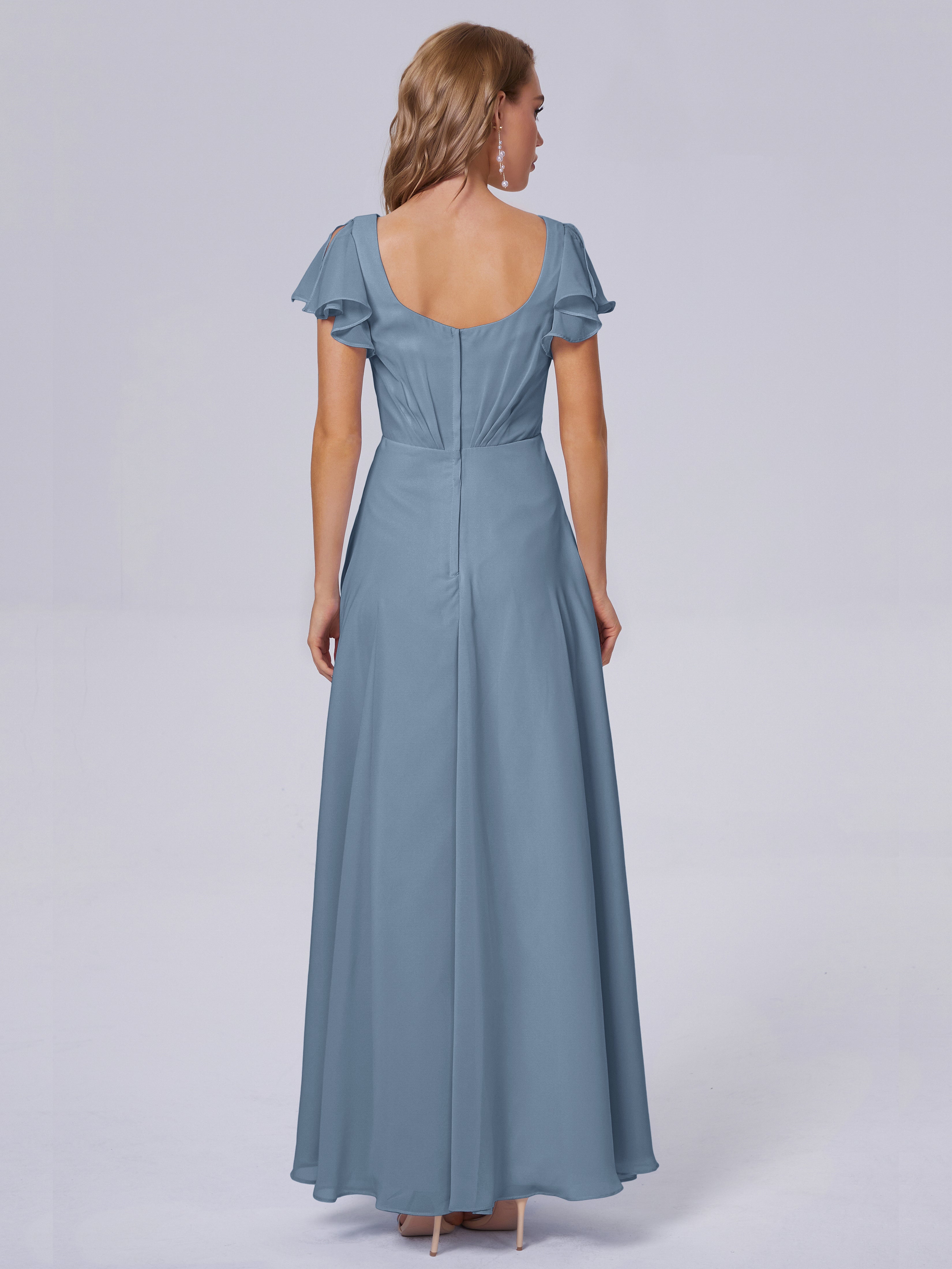 Robes De Demoiselle D'Honneur Bleu De Schiste Col V Mousseline Robes Demoiselle D'Honneur