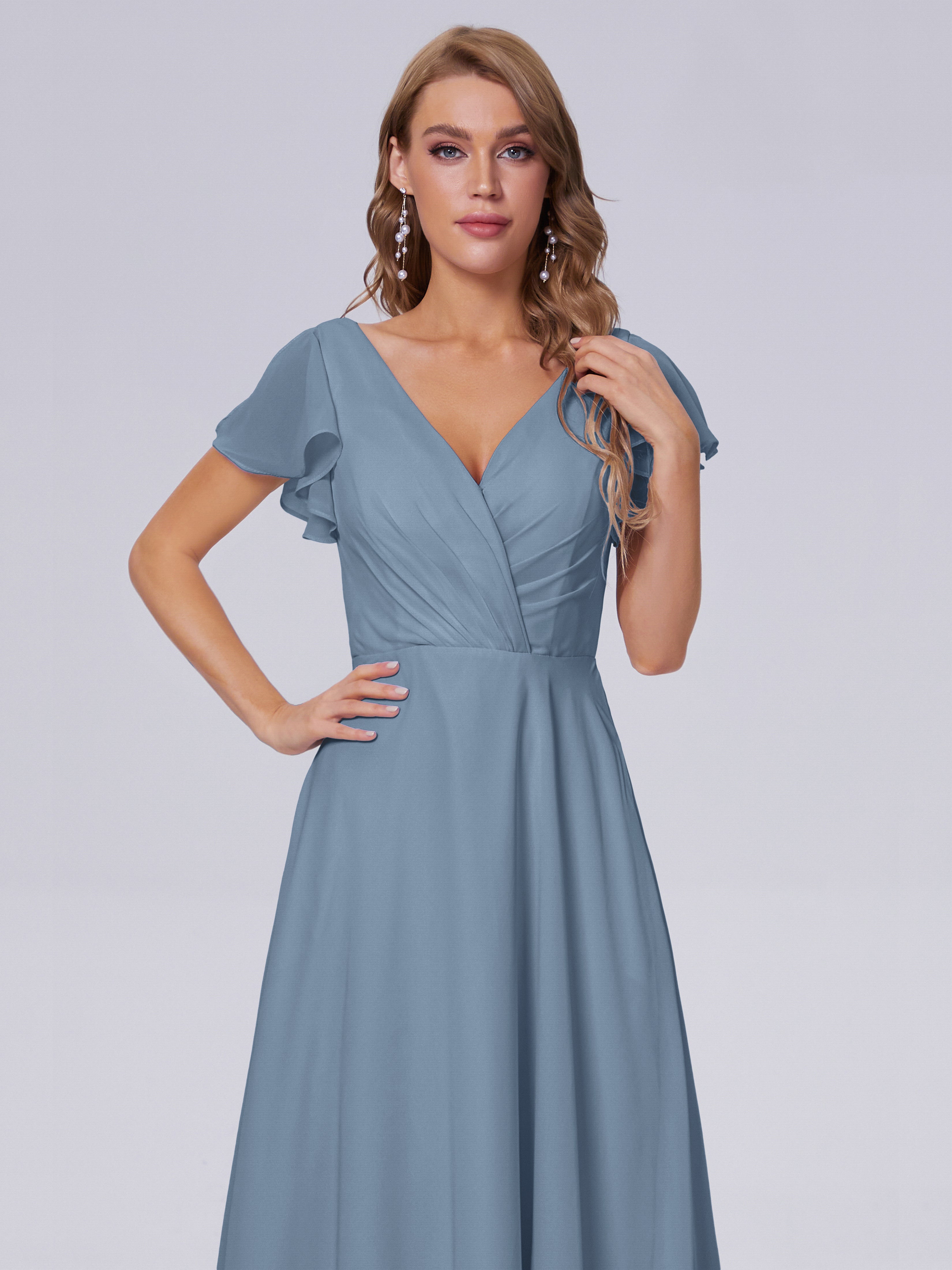 Robes De Demoiselle D'Honneur Bleu De Schiste Col V Mousseline Robes Demoiselle D'Honneur