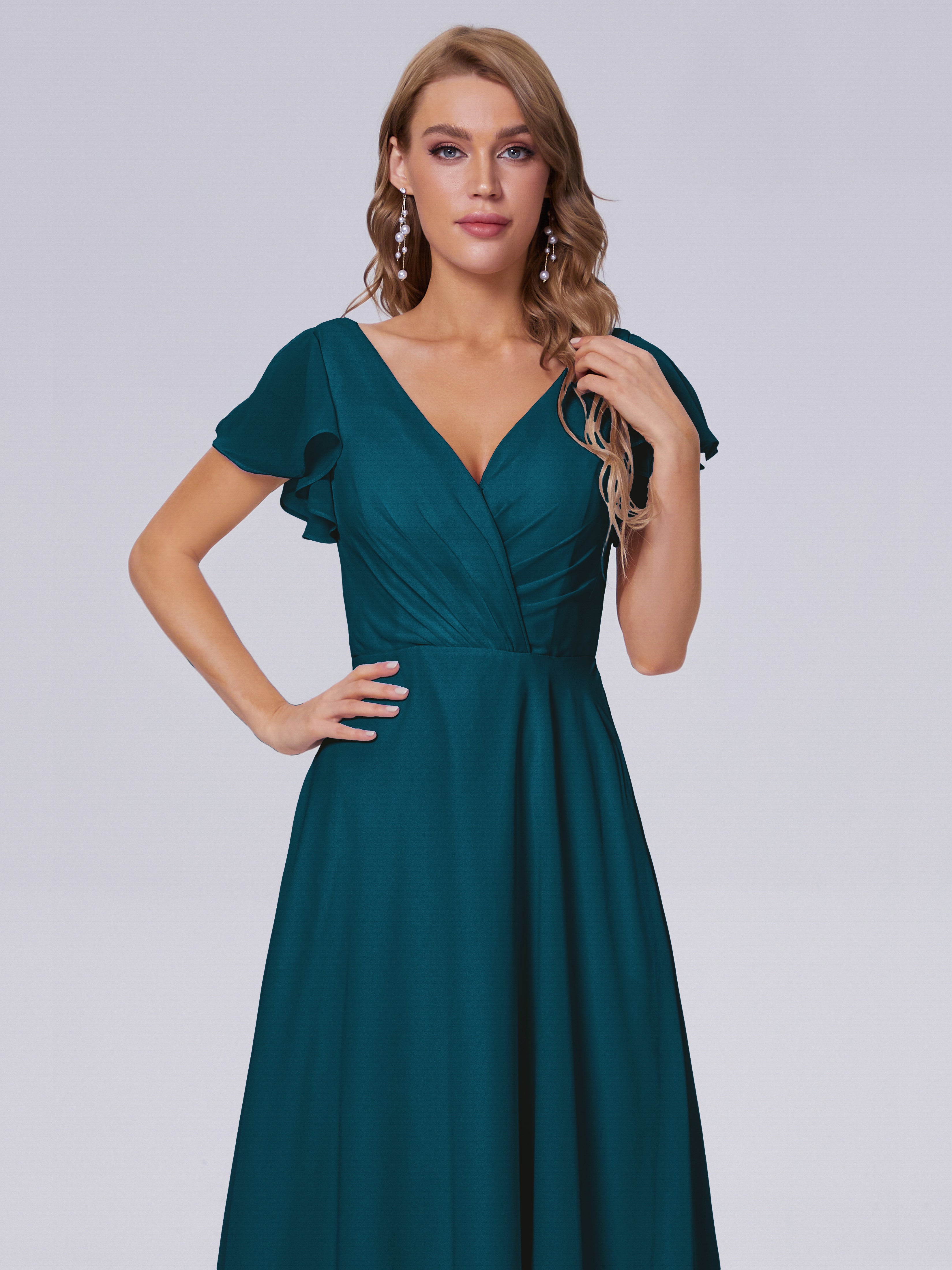 Robe De Demoiselle D'Honneur Bleu Encre Col V Mousseline Robes Demoiselle D'Honneur