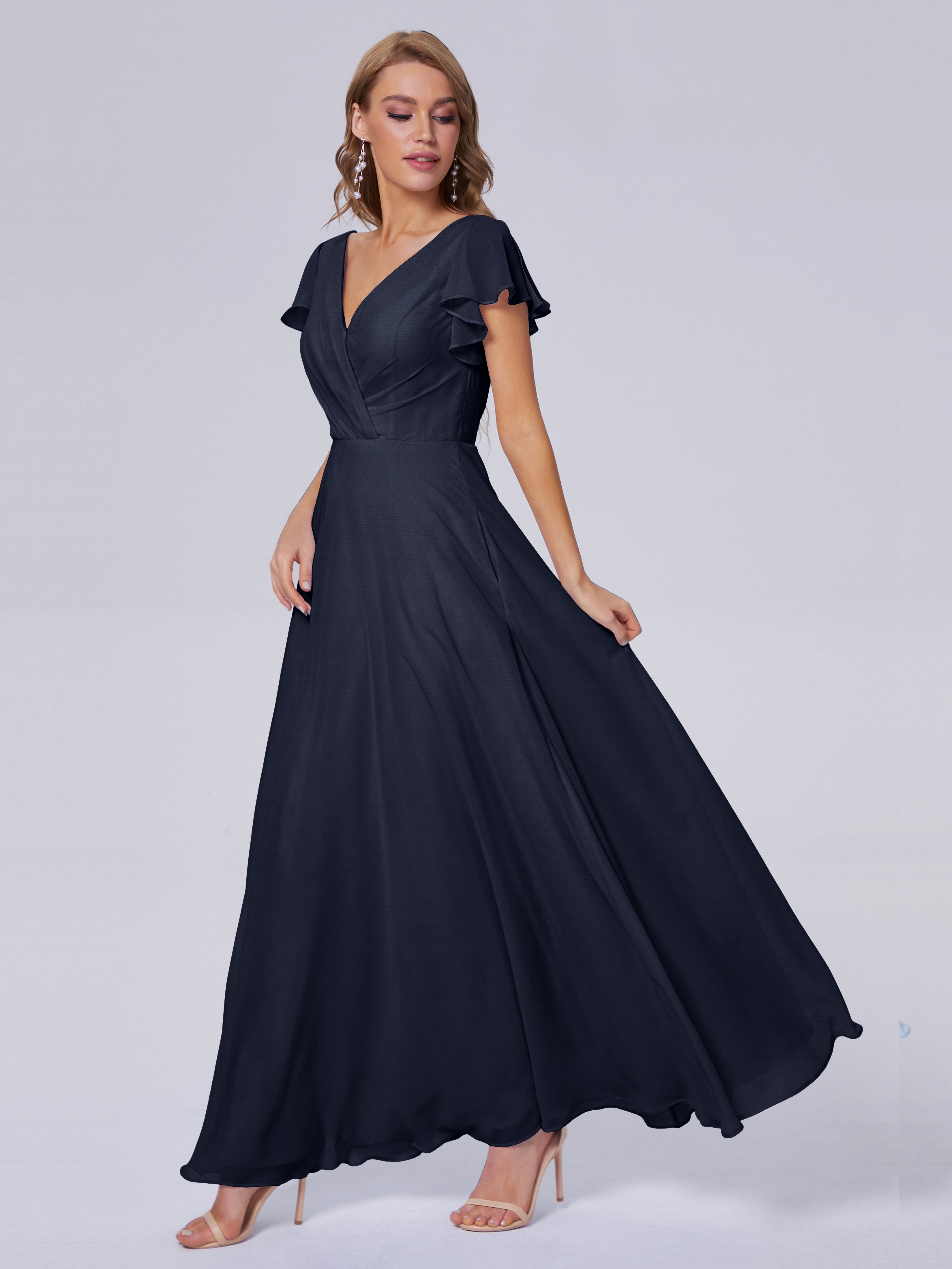 Robes De Demoiselle D'Honneur Bleu Marine Modestes Col V Mousseline Robes Demoiselle D'Honneur