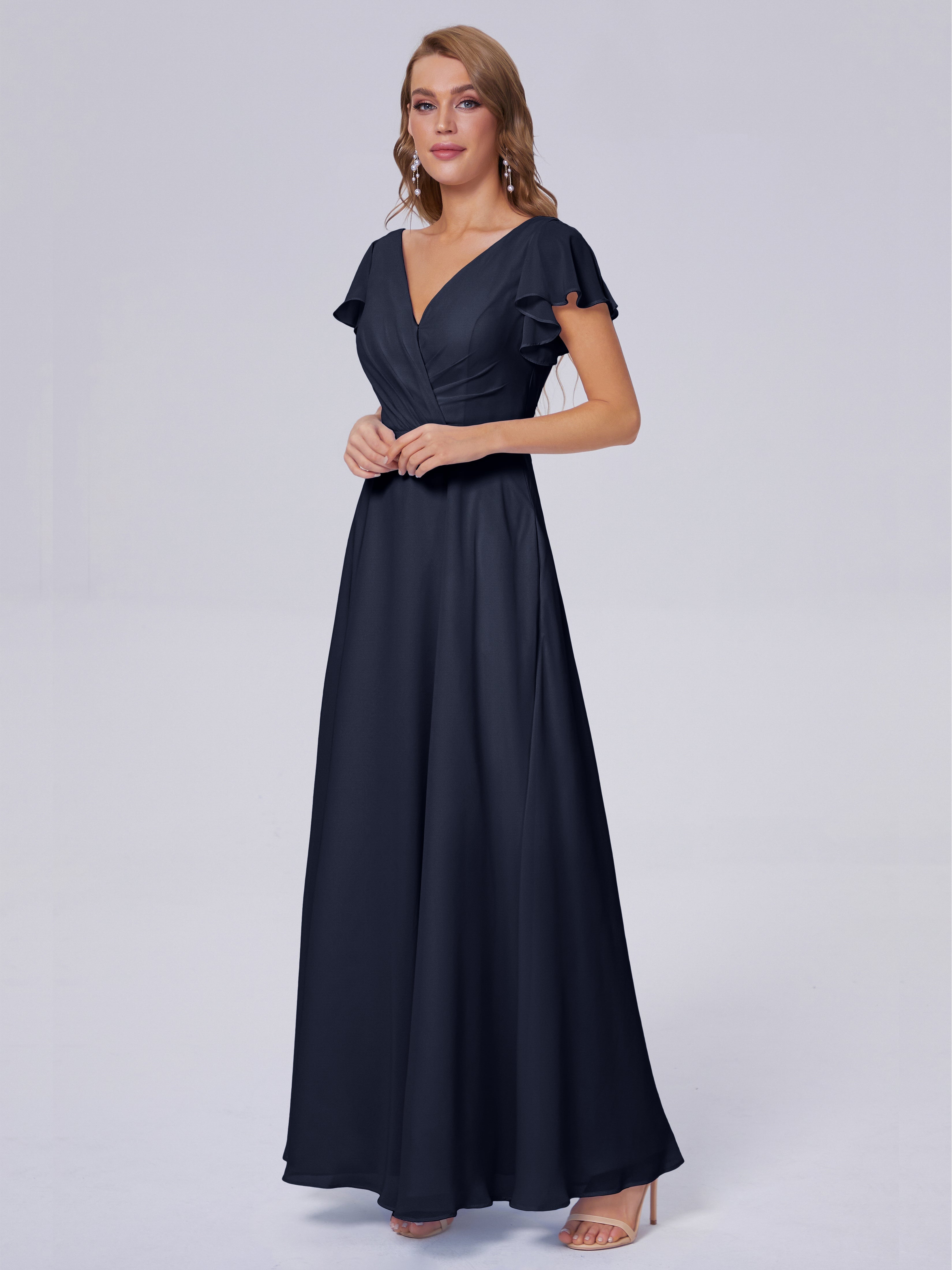 Robes De Demoiselle D'Honneur Bleu Marine Modestes Col V Mousseline Robes Demoiselle D'Honneur