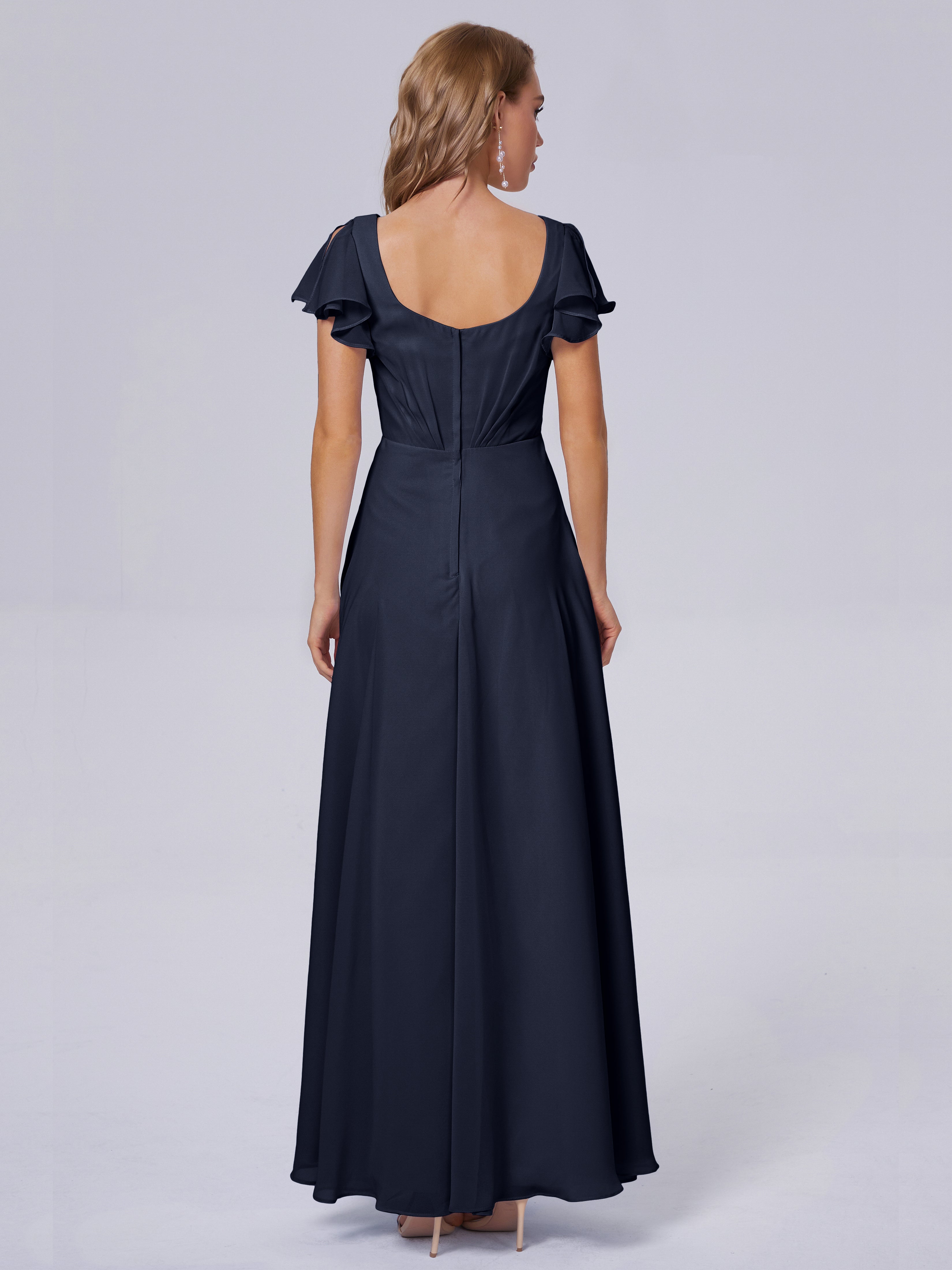 Robes De Demoiselle D'Honneur Bleu Marine Modestes Col V Mousseline Robes Demoiselle D'Honneur