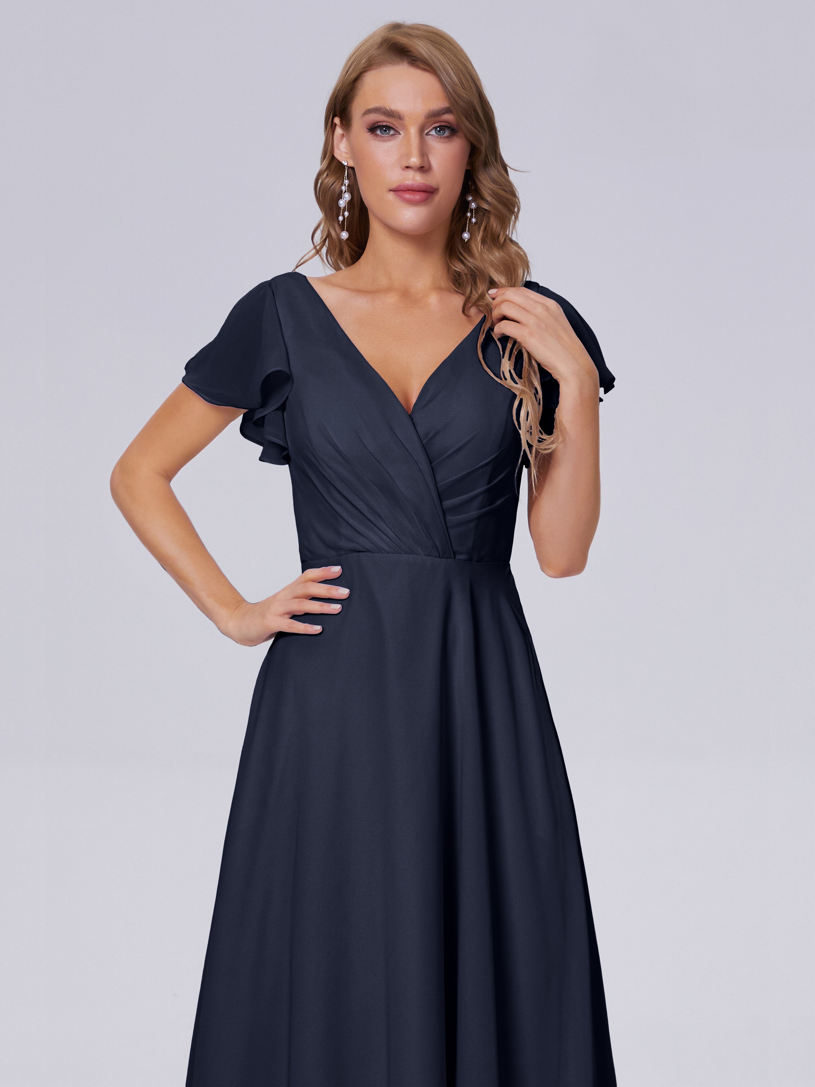 Robes De Demoiselle D'Honneur Bleu Marine Modestes Col V Mousseline Robes Demoiselle D'Honneur