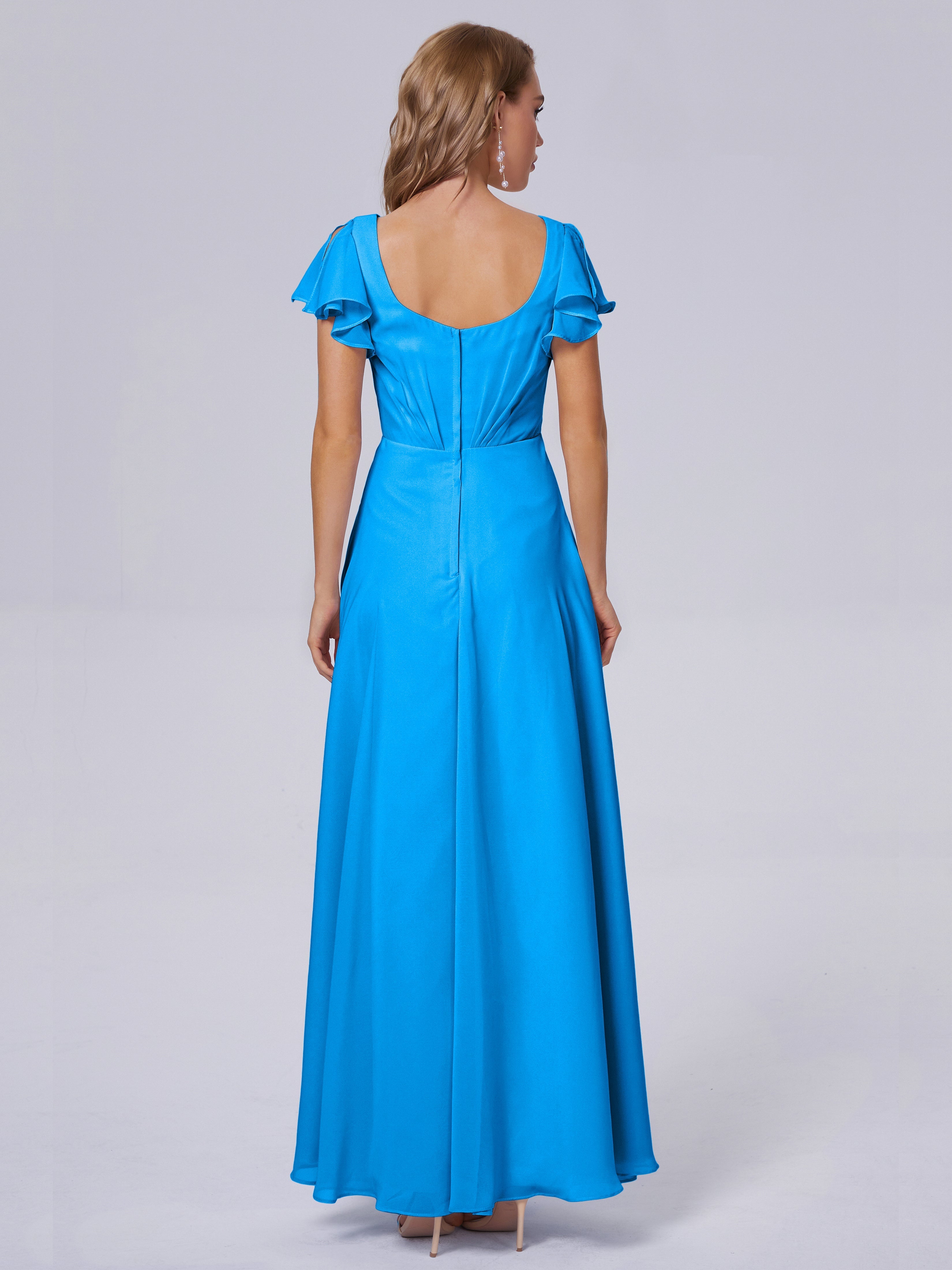 Robes De Demoiselle D'Honneur Bleu Océan Col V Mousseline Robes Demoiselle D'Honneur