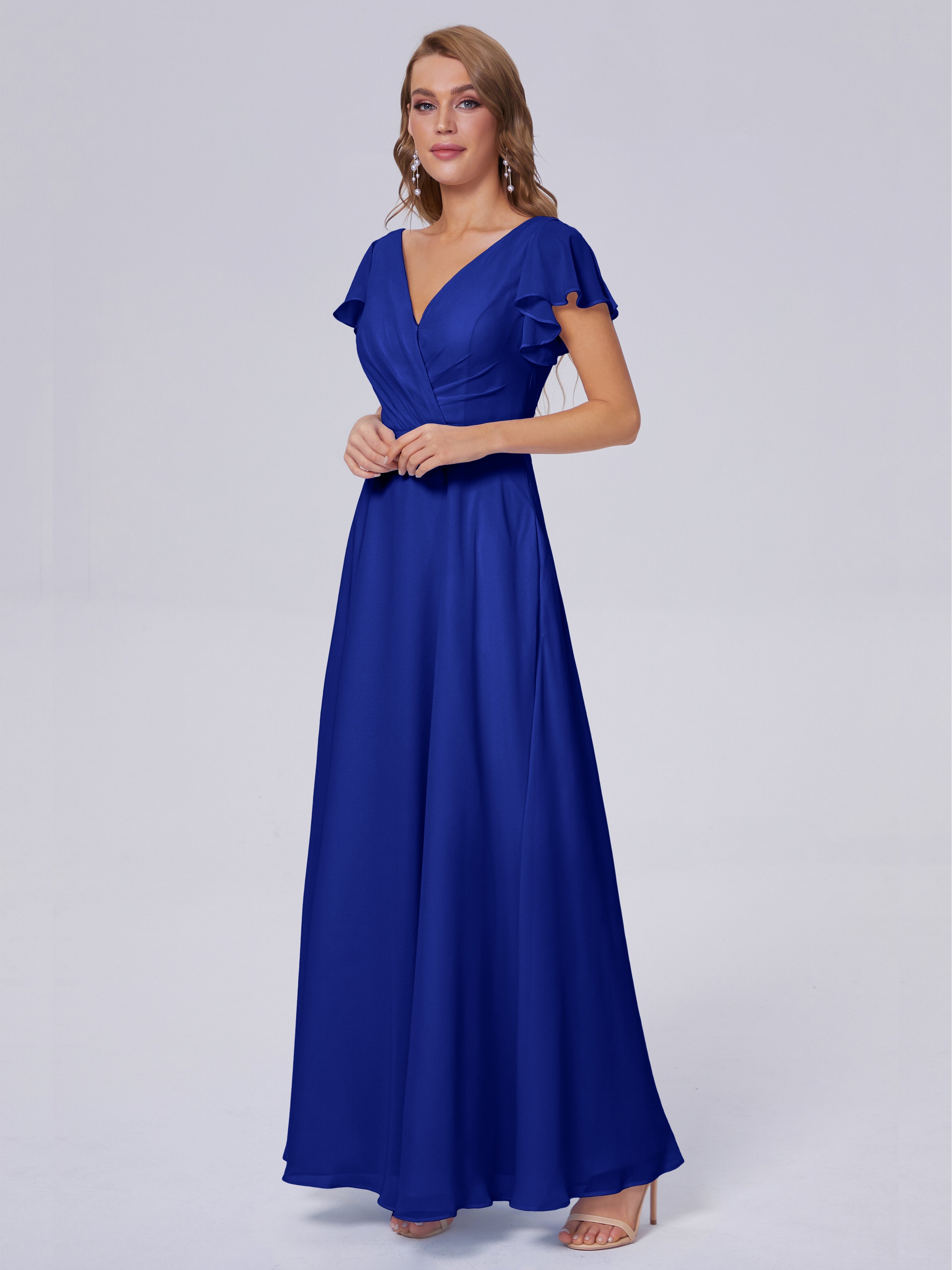 Robes De Demoiselle D'Honneur Bleu Royal Col V Mousseline Robes Demoiselle D'Honneur