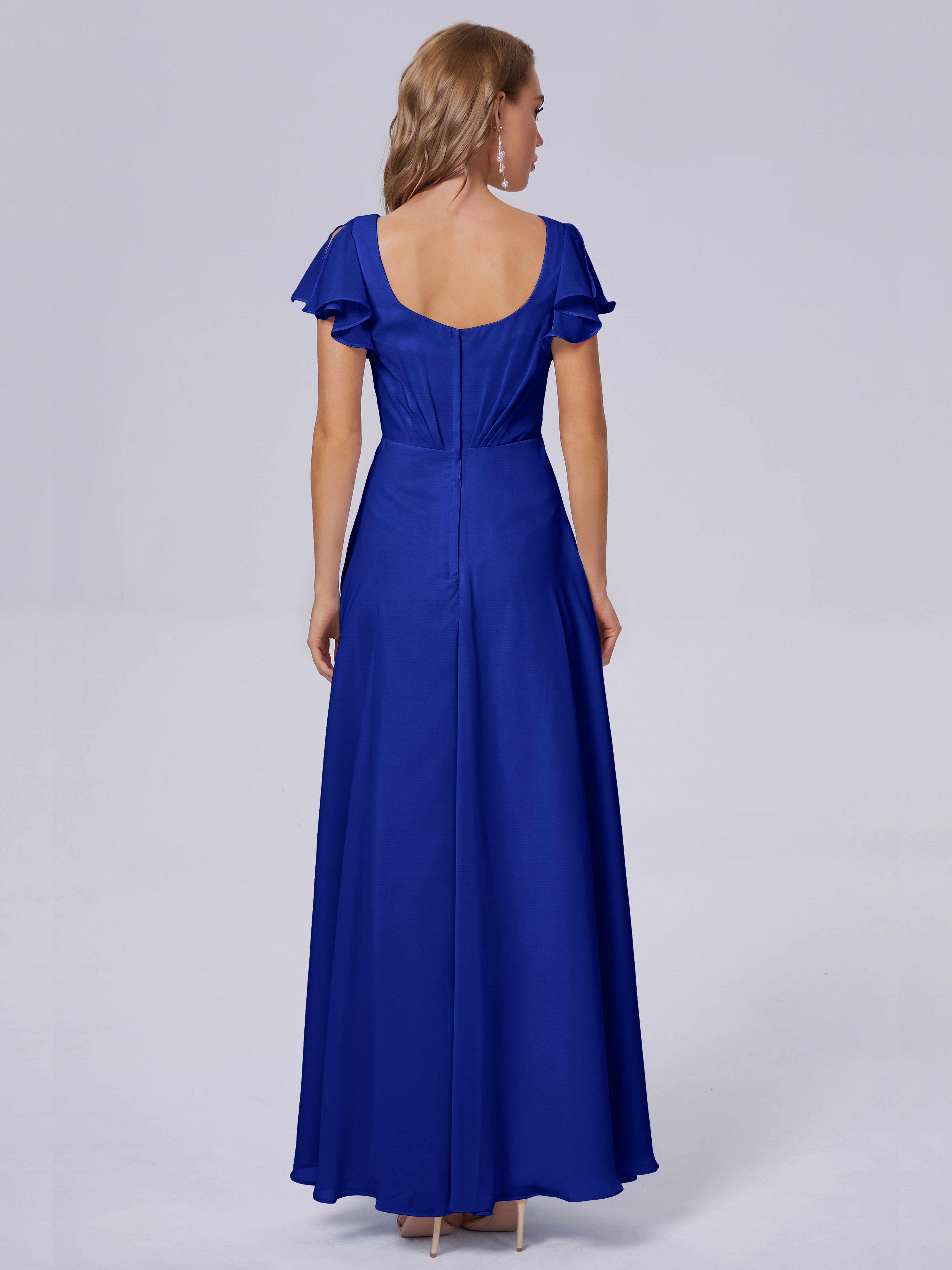 Robes De Demoiselle D'Honneur Bleu Royal Col V Mousseline Robes Demoiselle D'Honneur