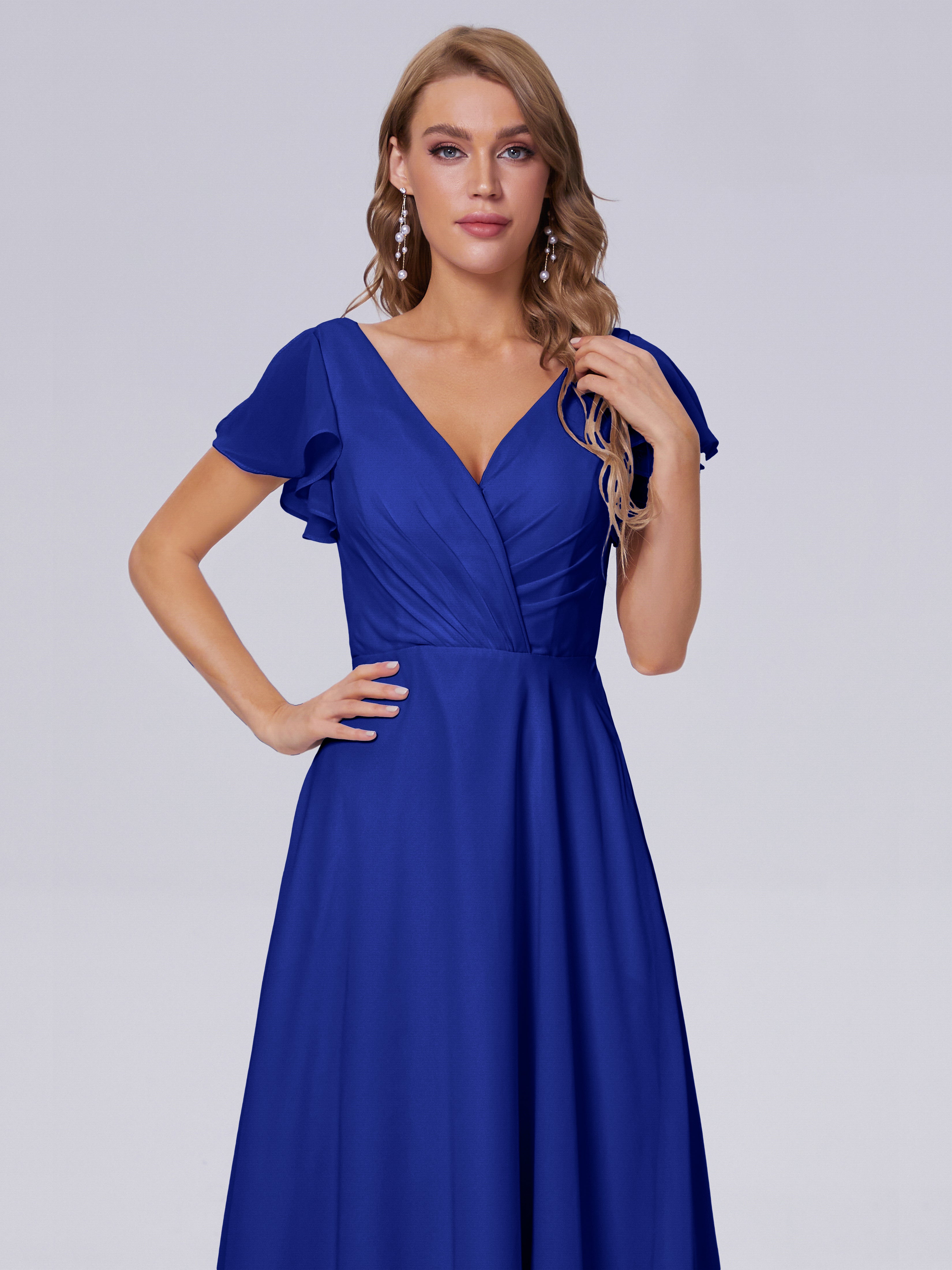 Robes De Demoiselle D'Honneur Bleu Royal Col V Mousseline Robes Demoiselle D'Honneur
