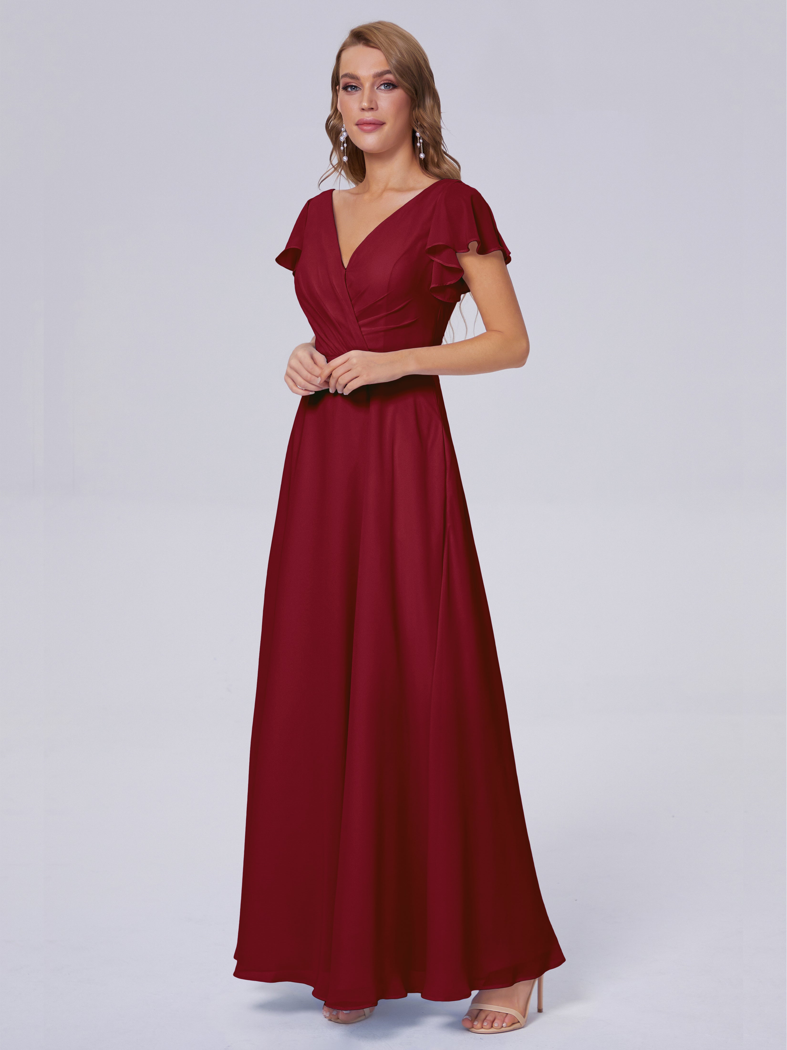 Robes De Demoiselle D'Honneur Bordeaux Longues Col V Mousseline Robes Demoiselle D'Honneur