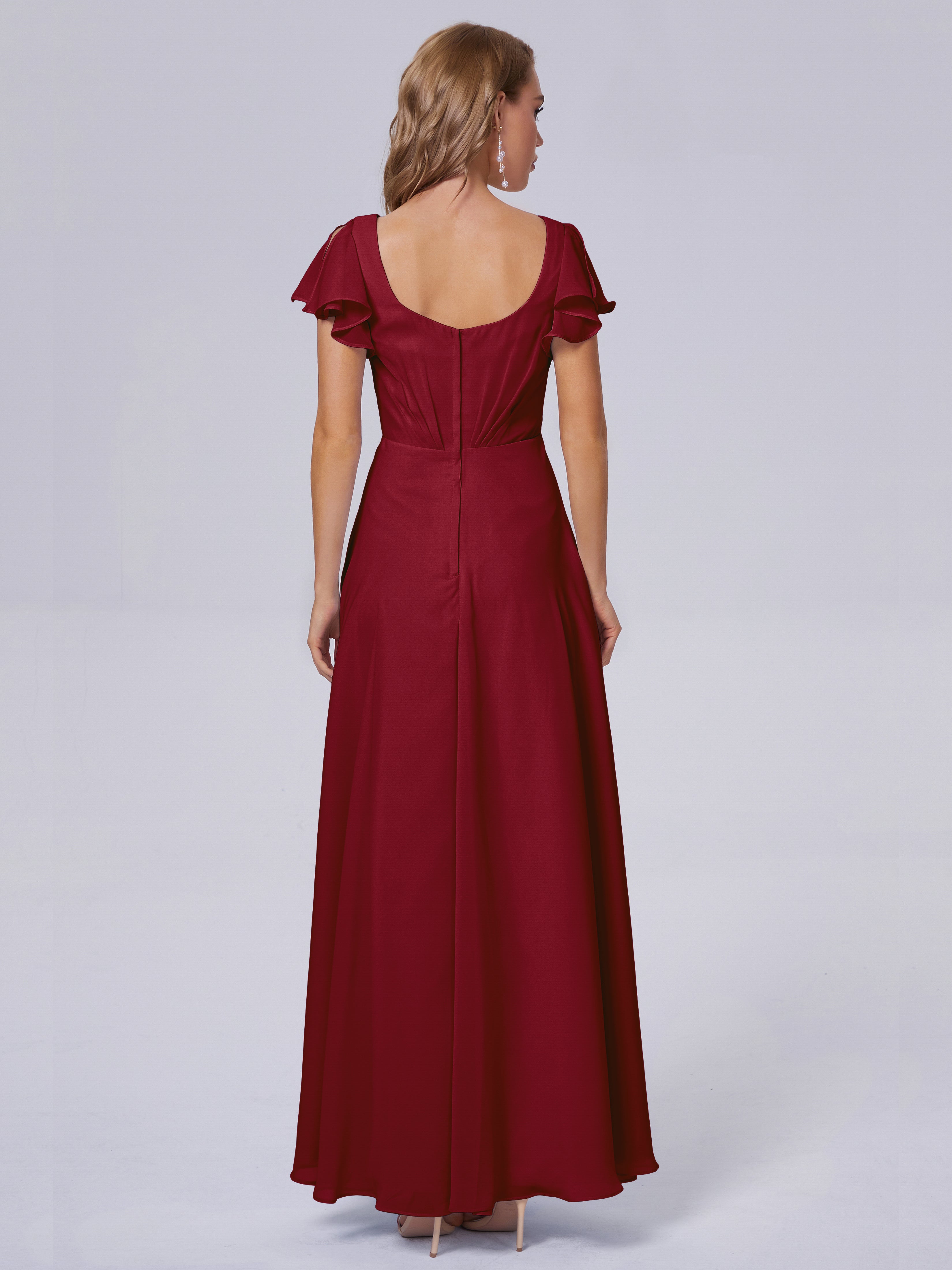Robes De Demoiselle D'Honneur Bordeaux Longues Col V Mousseline Robes Demoiselle D'Honneur