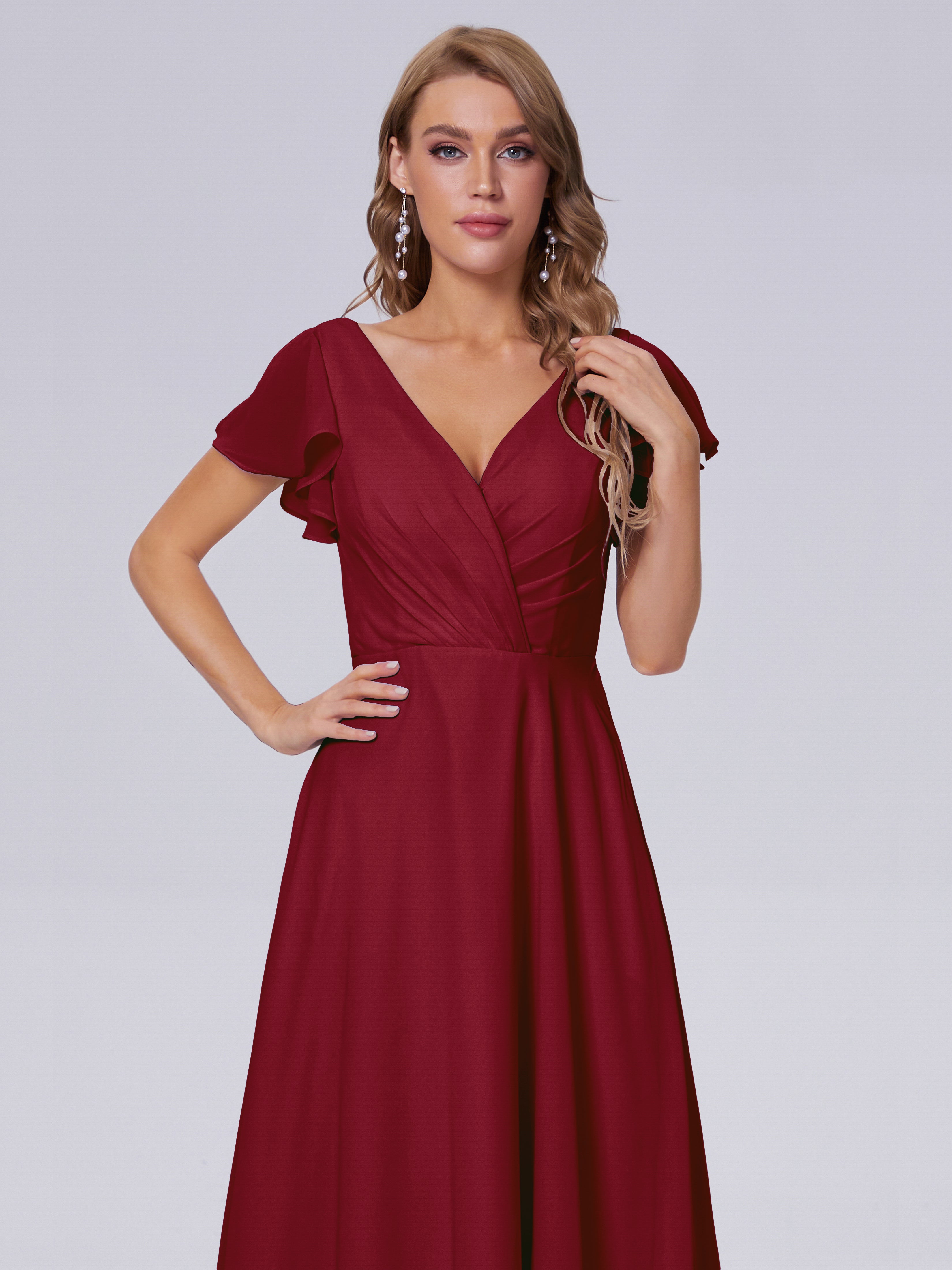 Robes De Demoiselle D'Honneur Bordeaux Longues Col V Mousseline Robes Demoiselle D'Honneur