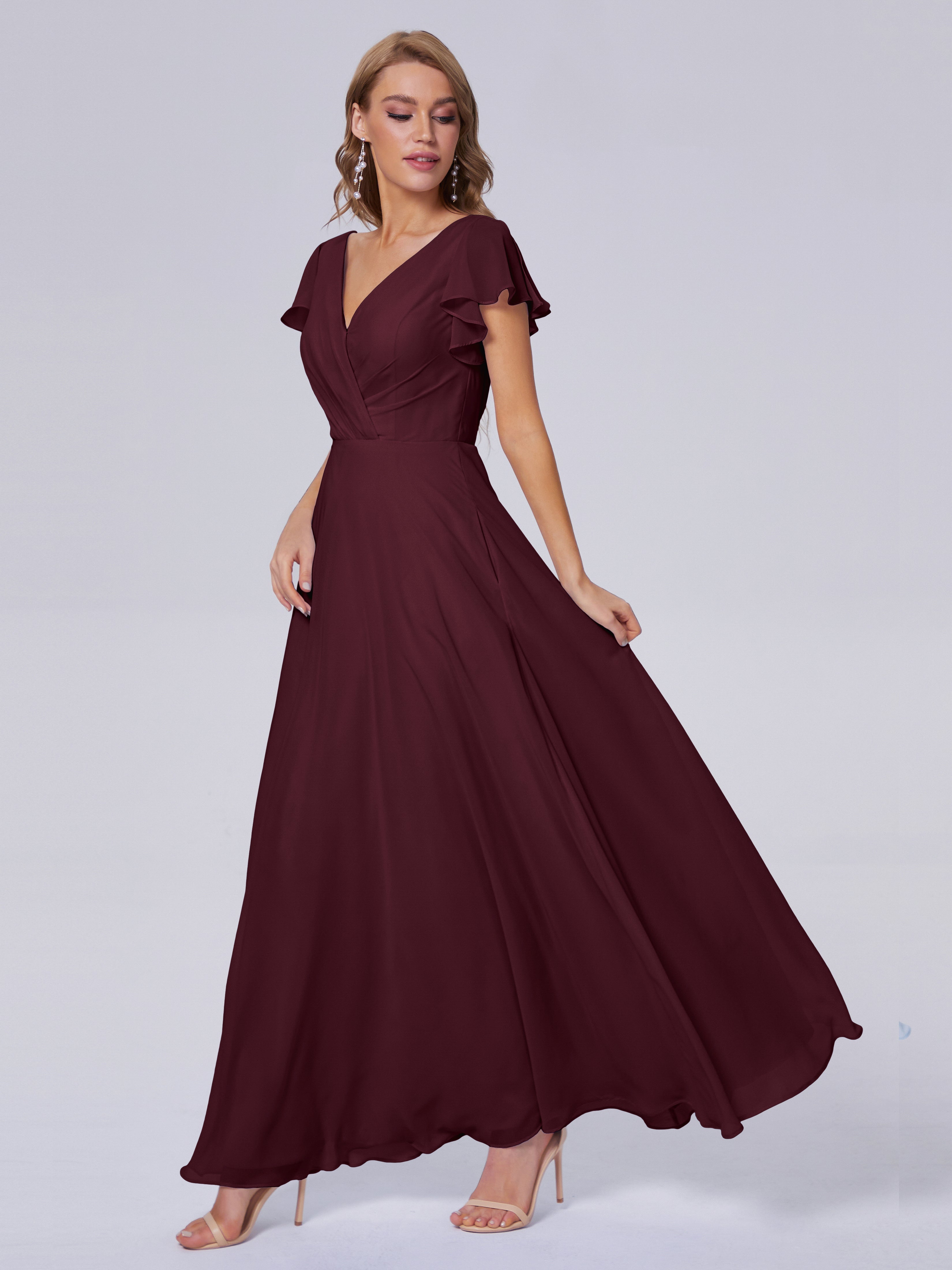 Robes De Demoiselle D'Honneur Cabernet Col V Mousseline Robes Demoiselle D'Honneur