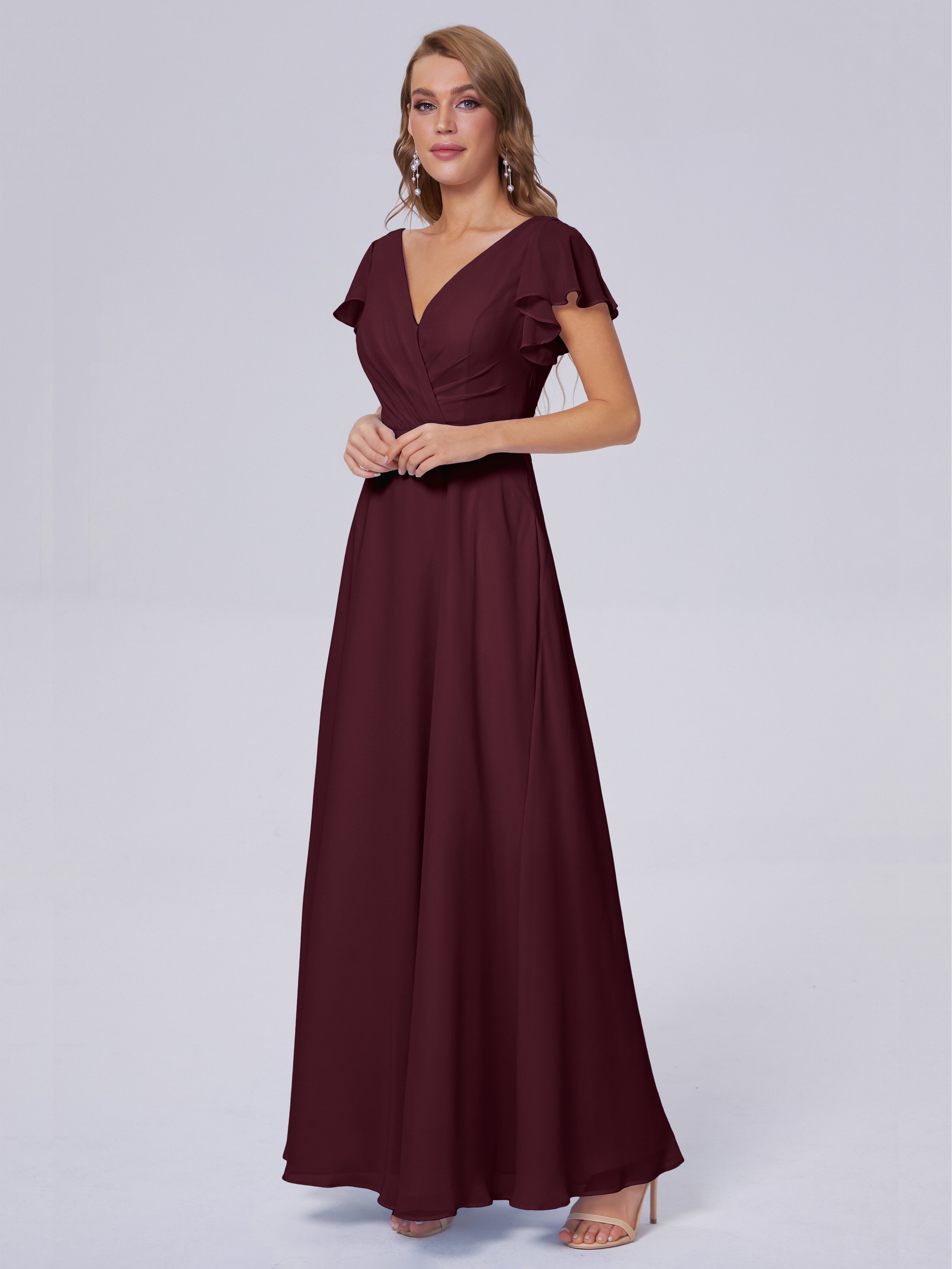 Robes De Demoiselle D'Honneur Cabernet Col V Mousseline Robes Demoiselle D'Honneur