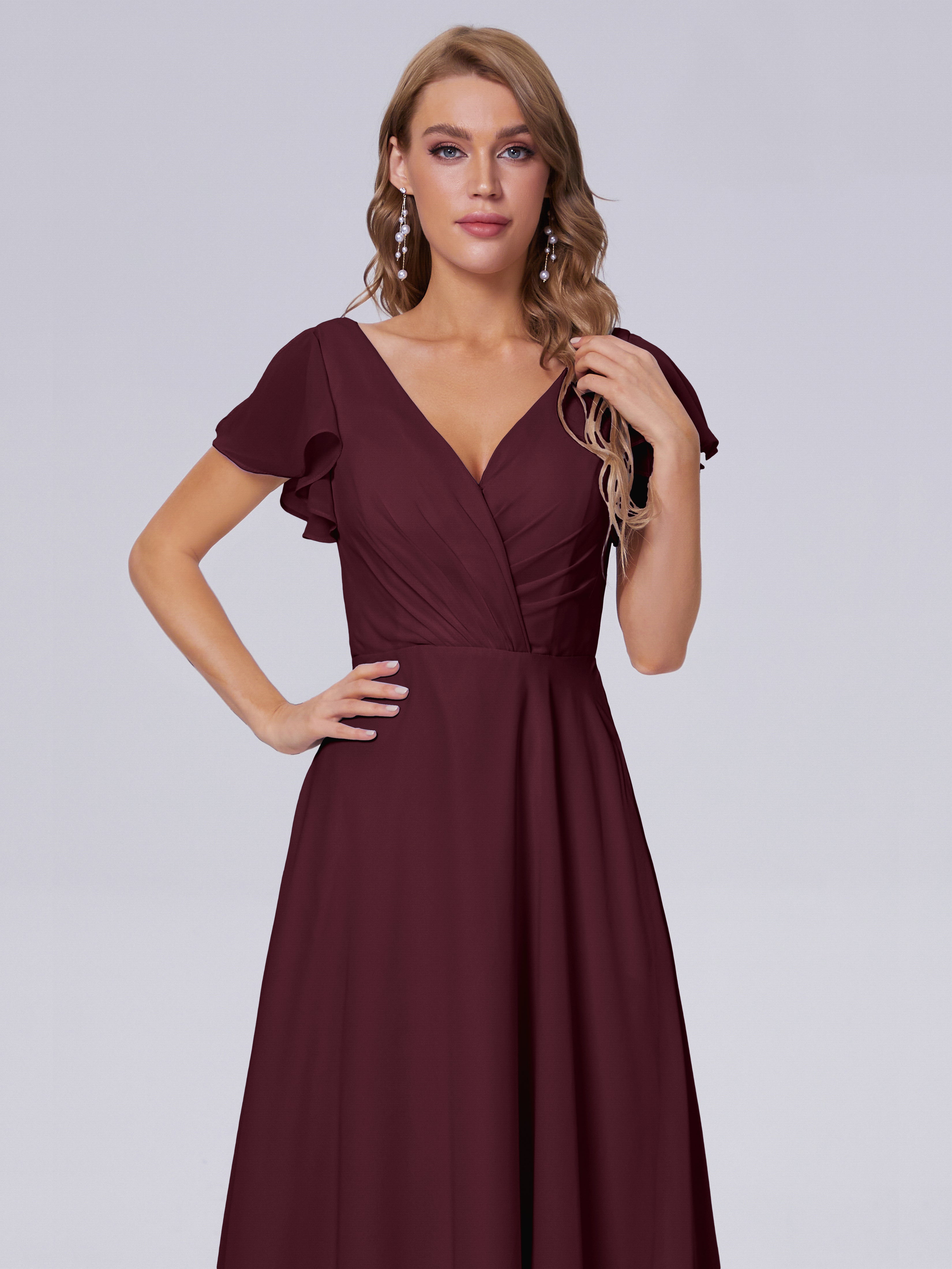 Robes De Demoiselle D'Honneur Cabernet Col V Mousseline Robes Demoiselle D'Honneur