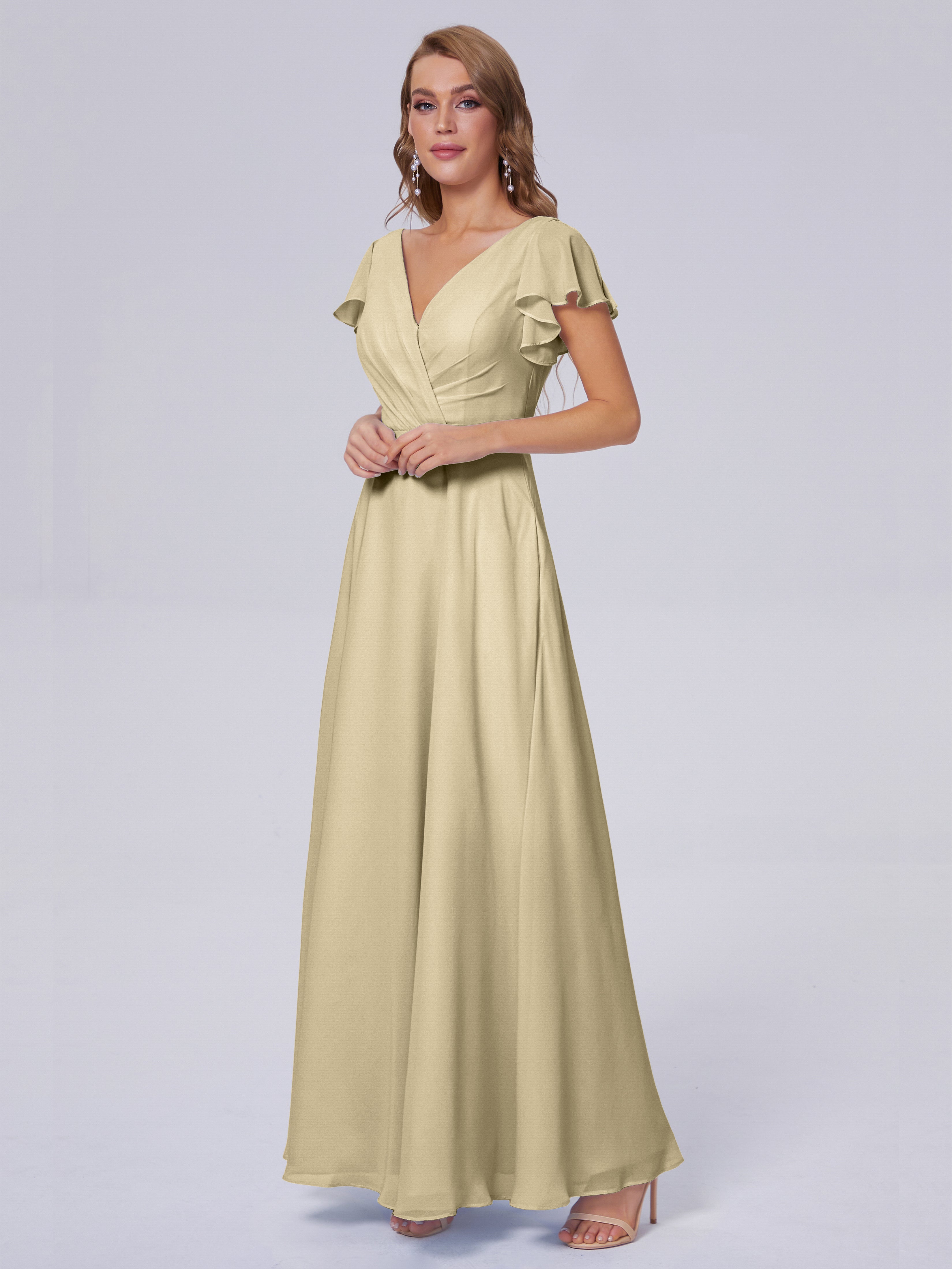 Robe Demoiselle D Honneur Champagne Col V Mousseline Robes Demoiselle D'Honneur