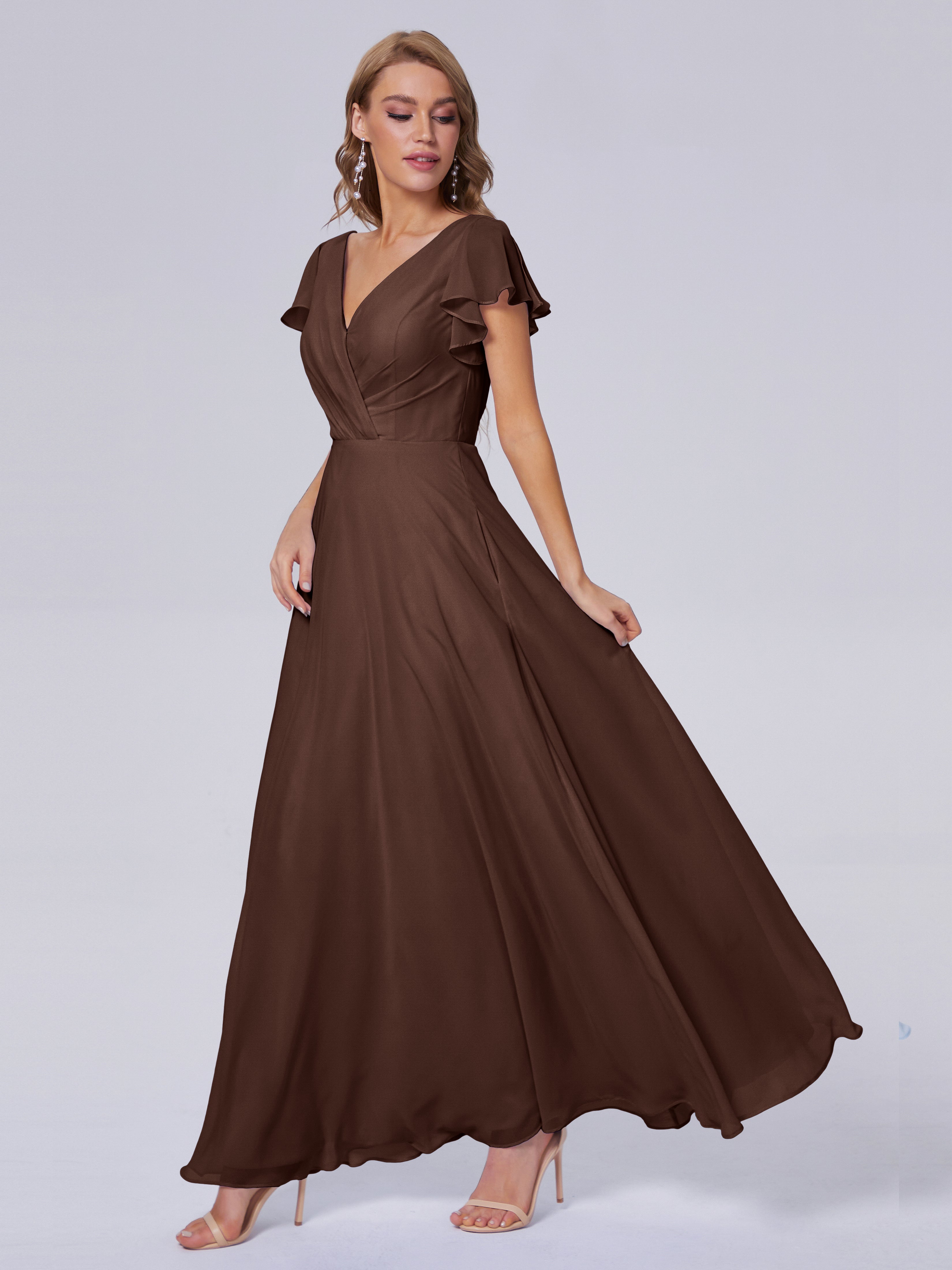 Robes De Demoiselle D'Honneur En Chocolat Col V Mousseline Robes Demoiselle D'Honneur