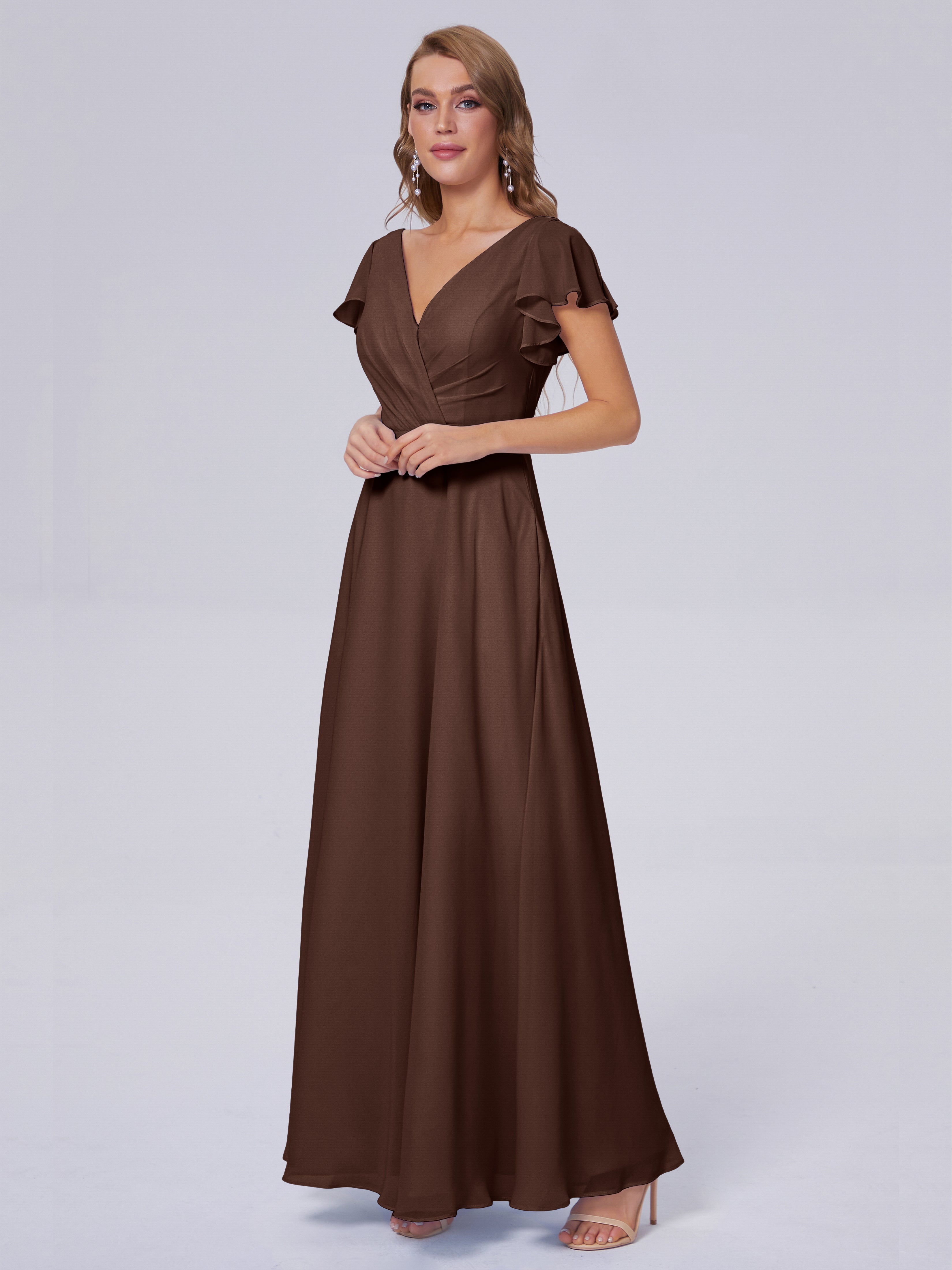 Robes De Demoiselle D'Honneur En Chocolat Col V Mousseline Robes Demoiselle D'Honneur