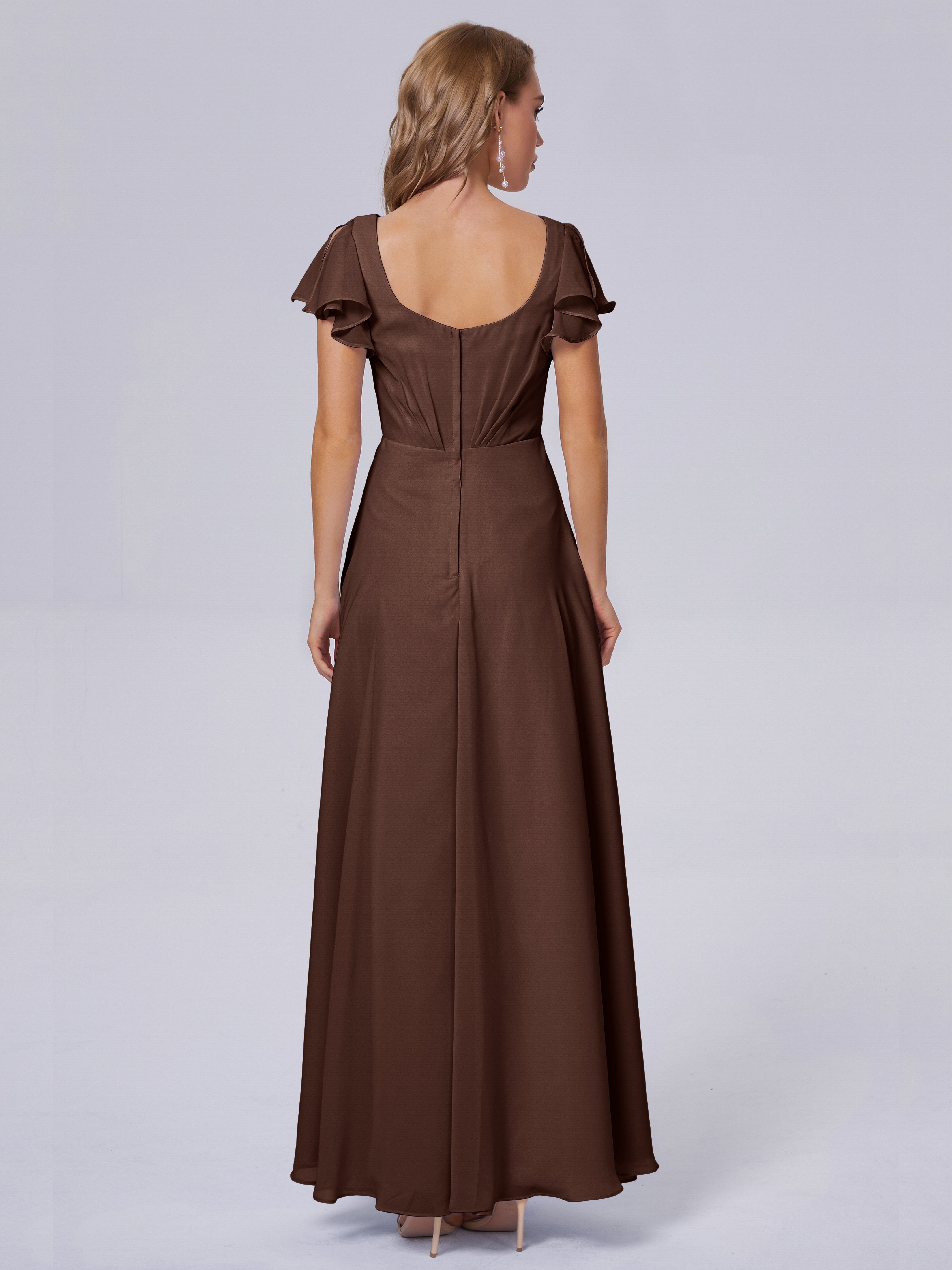 Robes De Demoiselle D'Honneur En Chocolat Col V Mousseline Robes Demoiselle D'Honneur