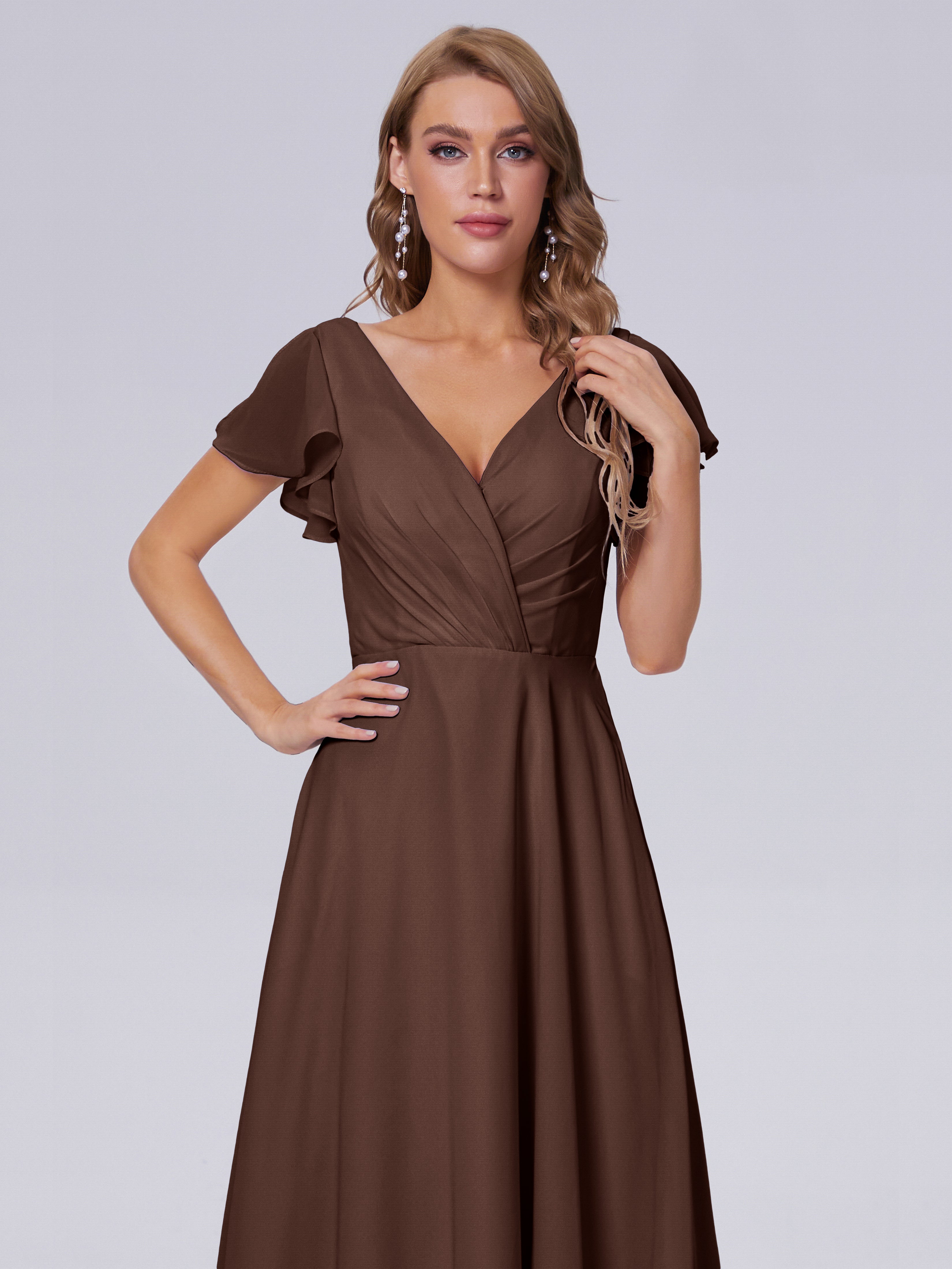 Robes De Demoiselle D'Honneur En Chocolat Col V Mousseline Robes Demoiselle D'Honneur
